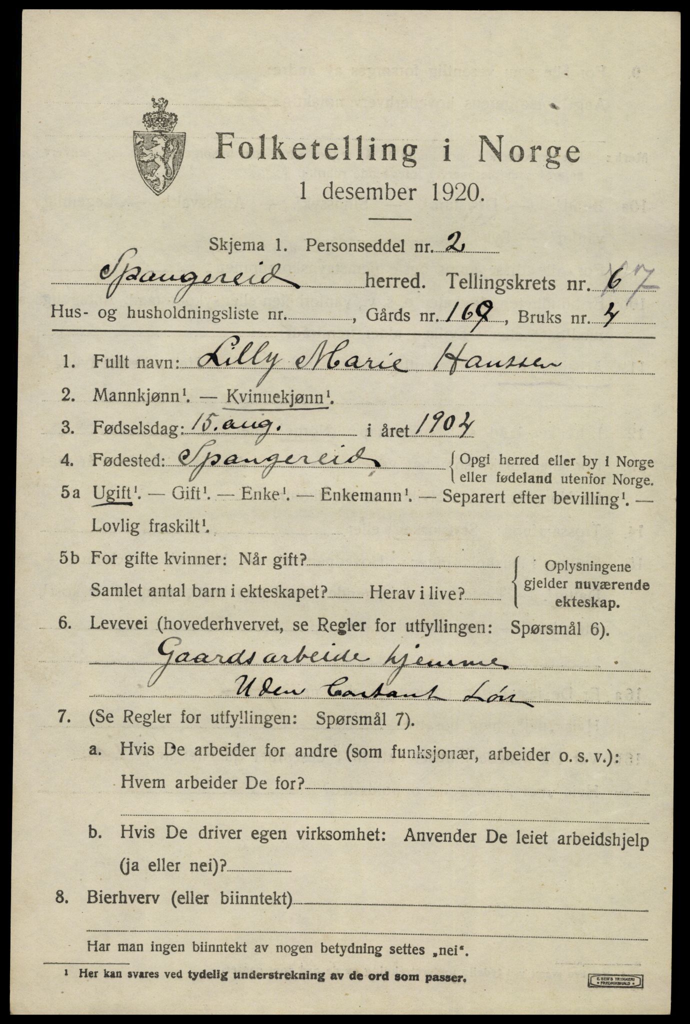 SAK, 1920 census for Spangereid, 1920, p. 2565