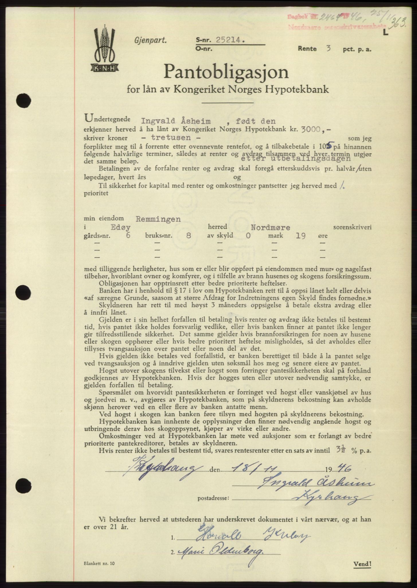 Nordmøre sorenskriveri, AV/SAT-A-4132/1/2/2Ca: Mortgage book no. B95, 1946-1947, Diary no: : 2464/1946