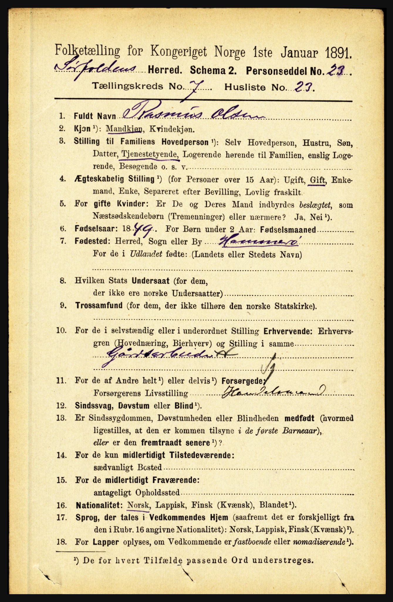 RA, 1891 census for 1845 Sørfold, 1891, p. 2359