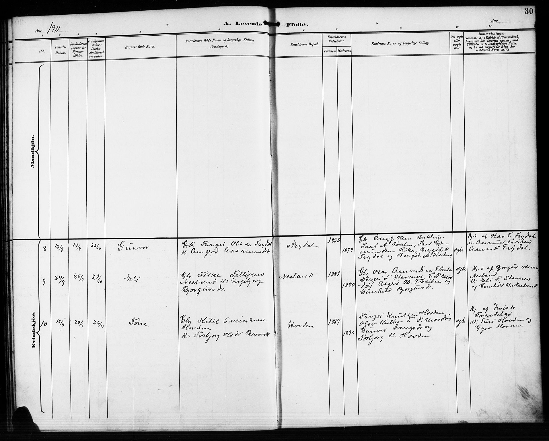 Valle sokneprestkontor, AV/SAK-1111-0044/F/Fb/Fba/L0003: Parish register (copy) no. B 3, 1895-1916, p. 30