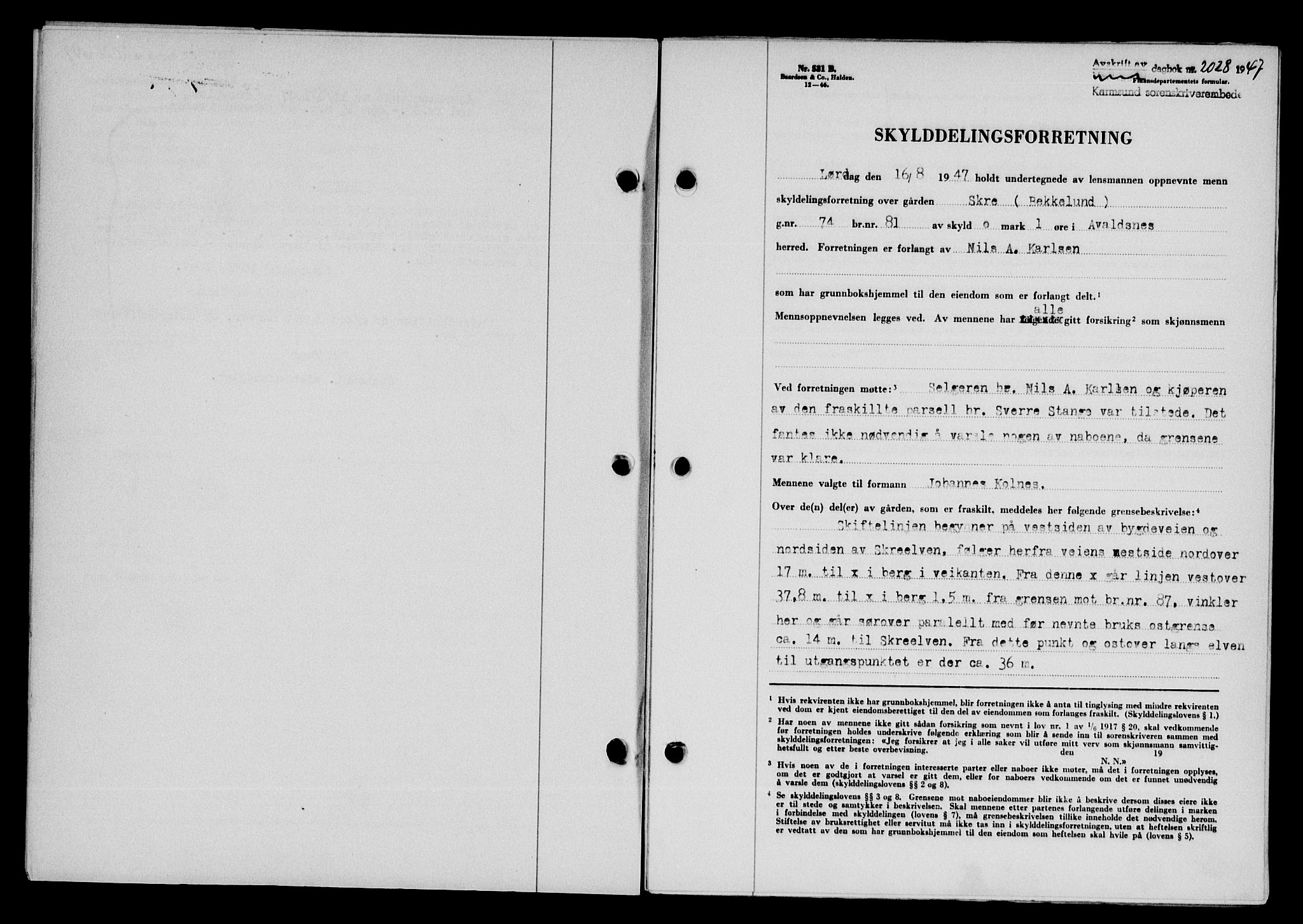 Karmsund sorenskriveri, SAST/A-100311/01/II/IIB/L0090: Mortgage book no. 70A, 1947-1947, Diary no: : 2028/1947