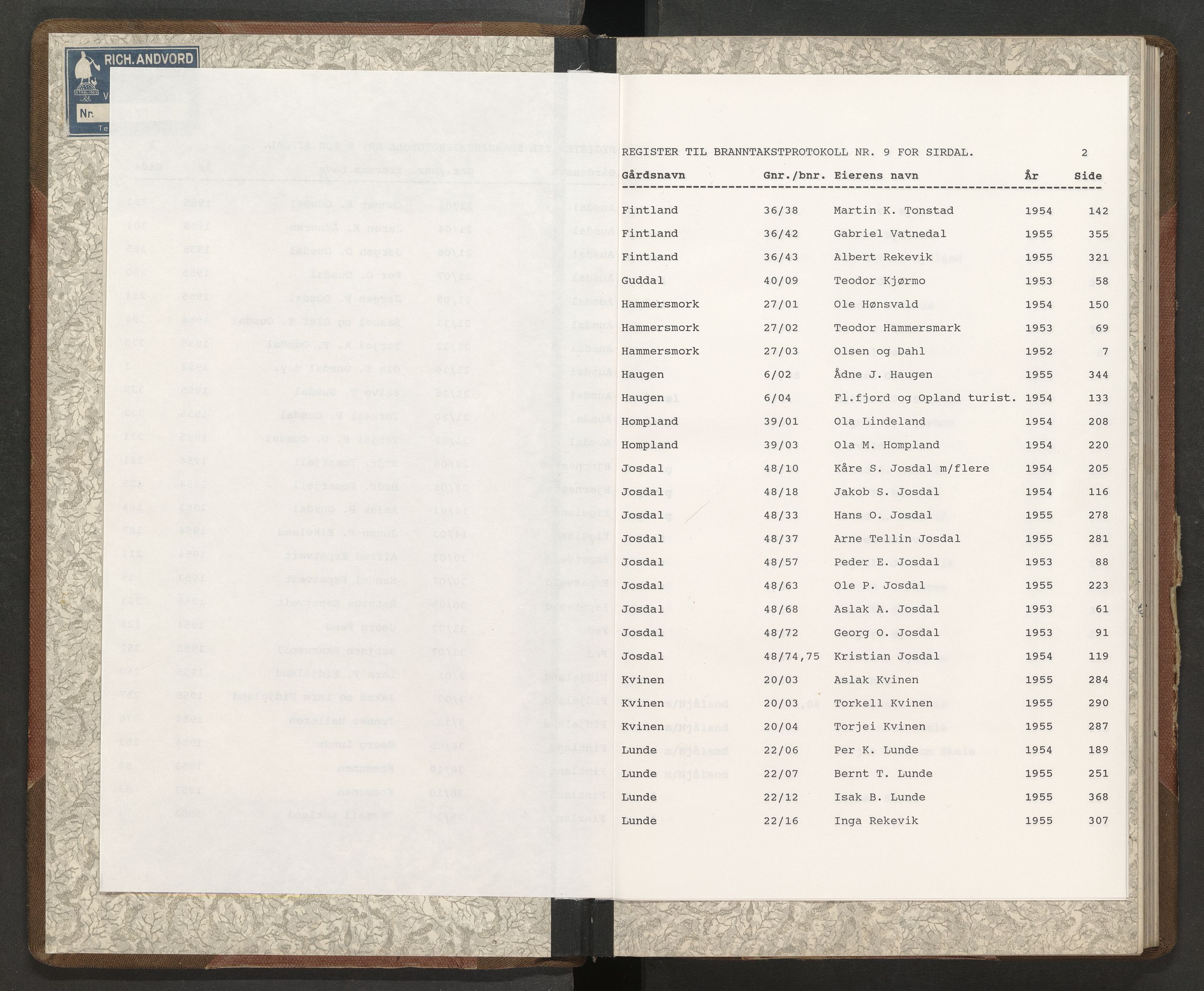 Norges Brannkasse Sirdal, AV/SAK-2241-0044/F/Fa/L0010: Branntakstprotokoll nr. 9 med gårdsnavnregister, 1952-1955