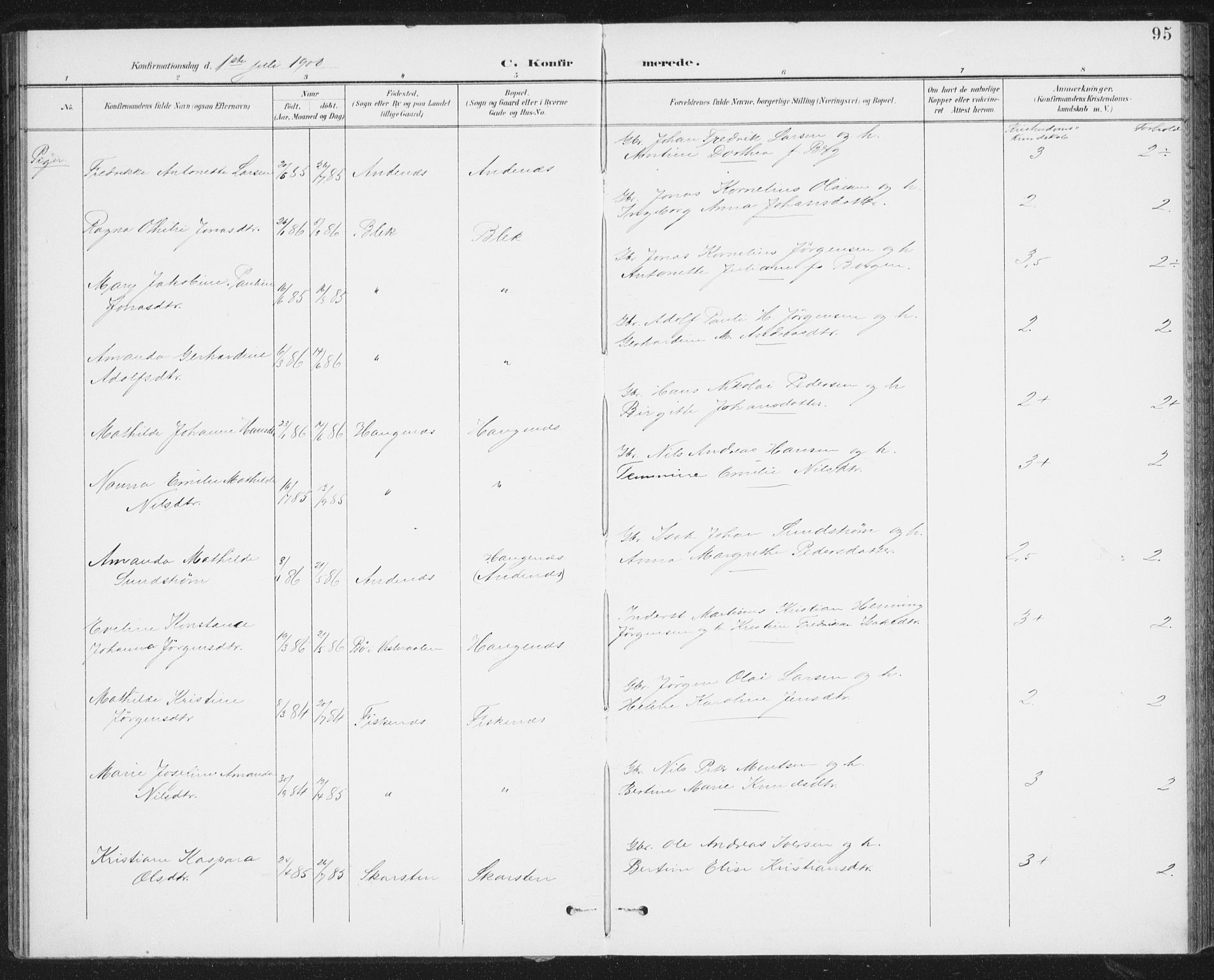 Ministerialprotokoller, klokkerbøker og fødselsregistre - Nordland, AV/SAT-A-1459/899/L1437: Parish register (official) no. 899A05, 1897-1908, p. 95