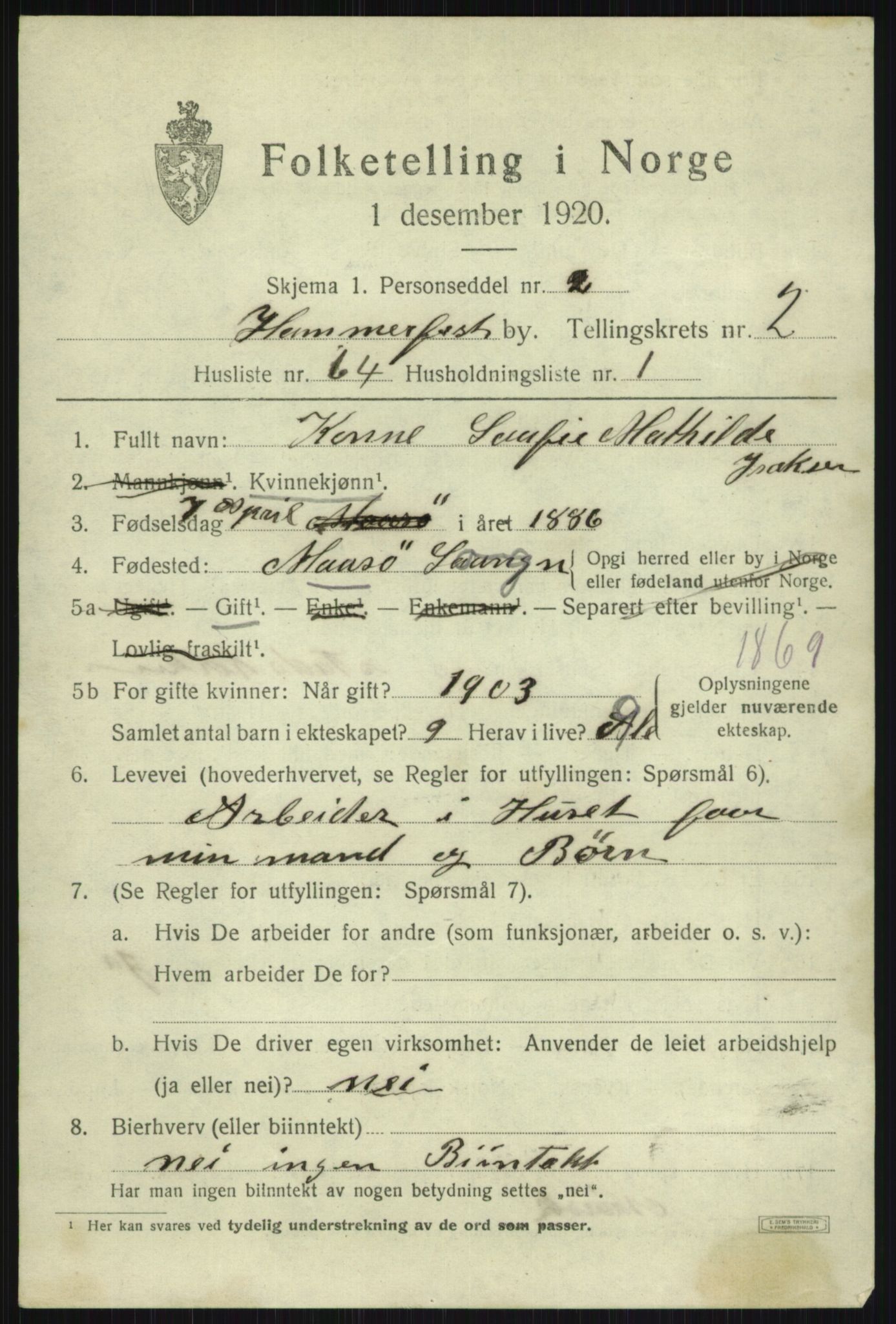 SATØ, 1920 census for Hammerfest, 1920, p. 7385