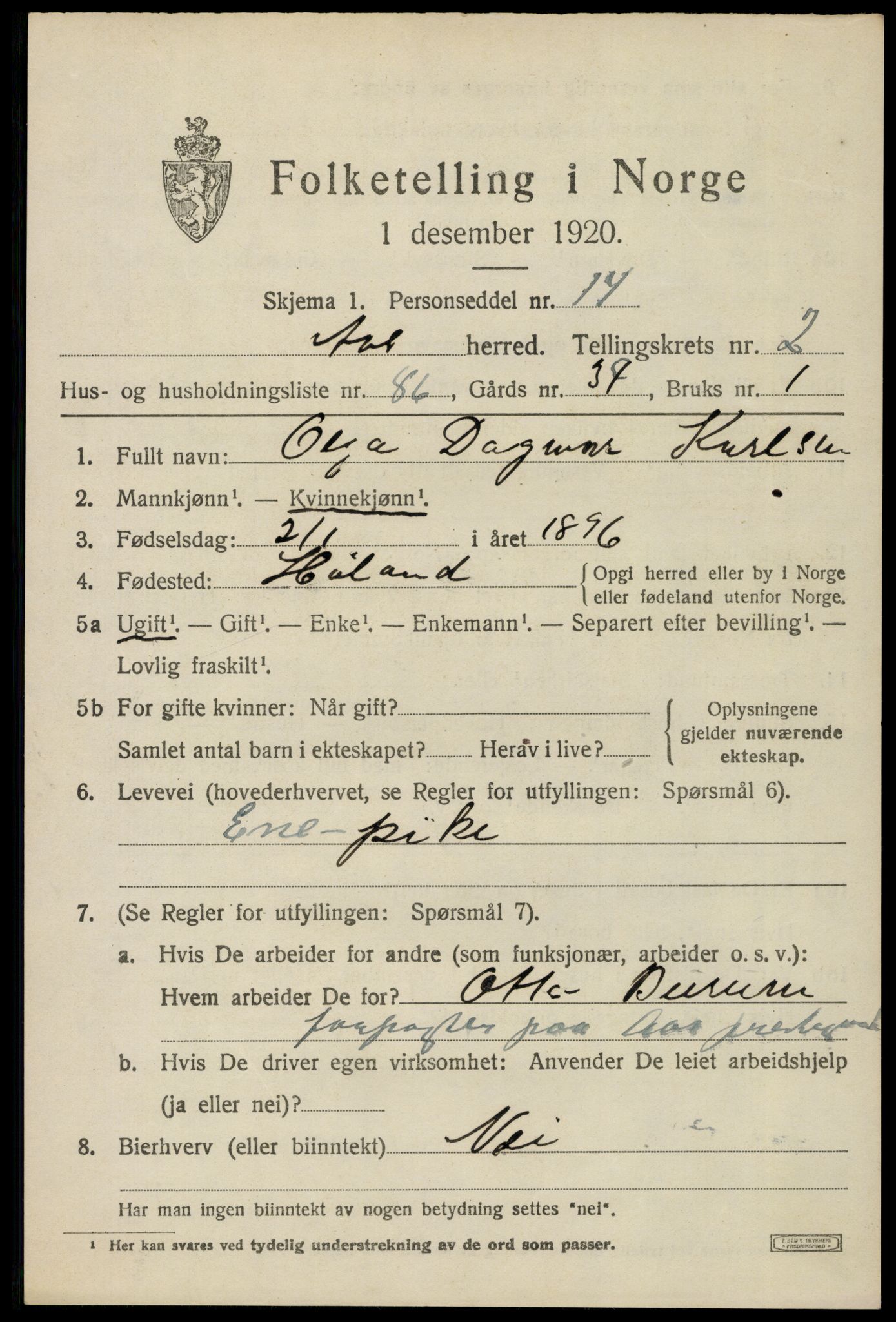 SAO, 1920 census for Ås, 1920, p. 3672