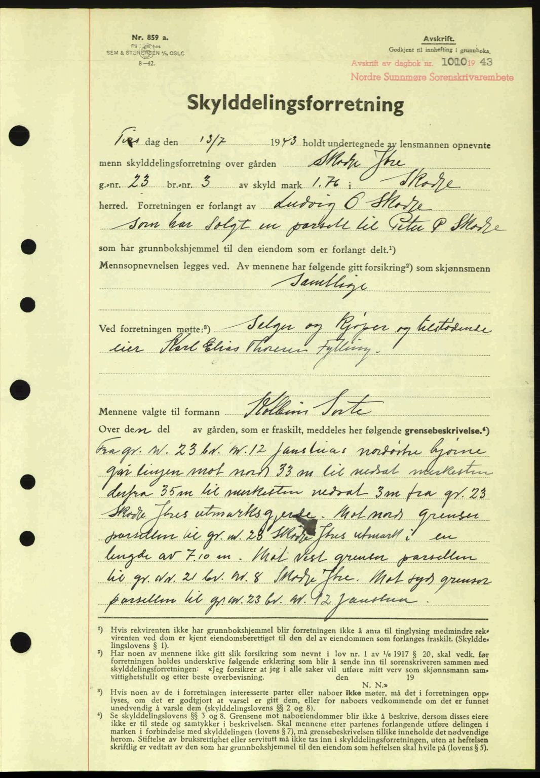 Nordre Sunnmøre sorenskriveri, AV/SAT-A-0006/1/2/2C/2Ca: Mortgage book no. A16, 1943-1943, Diary no: : 1010/1943