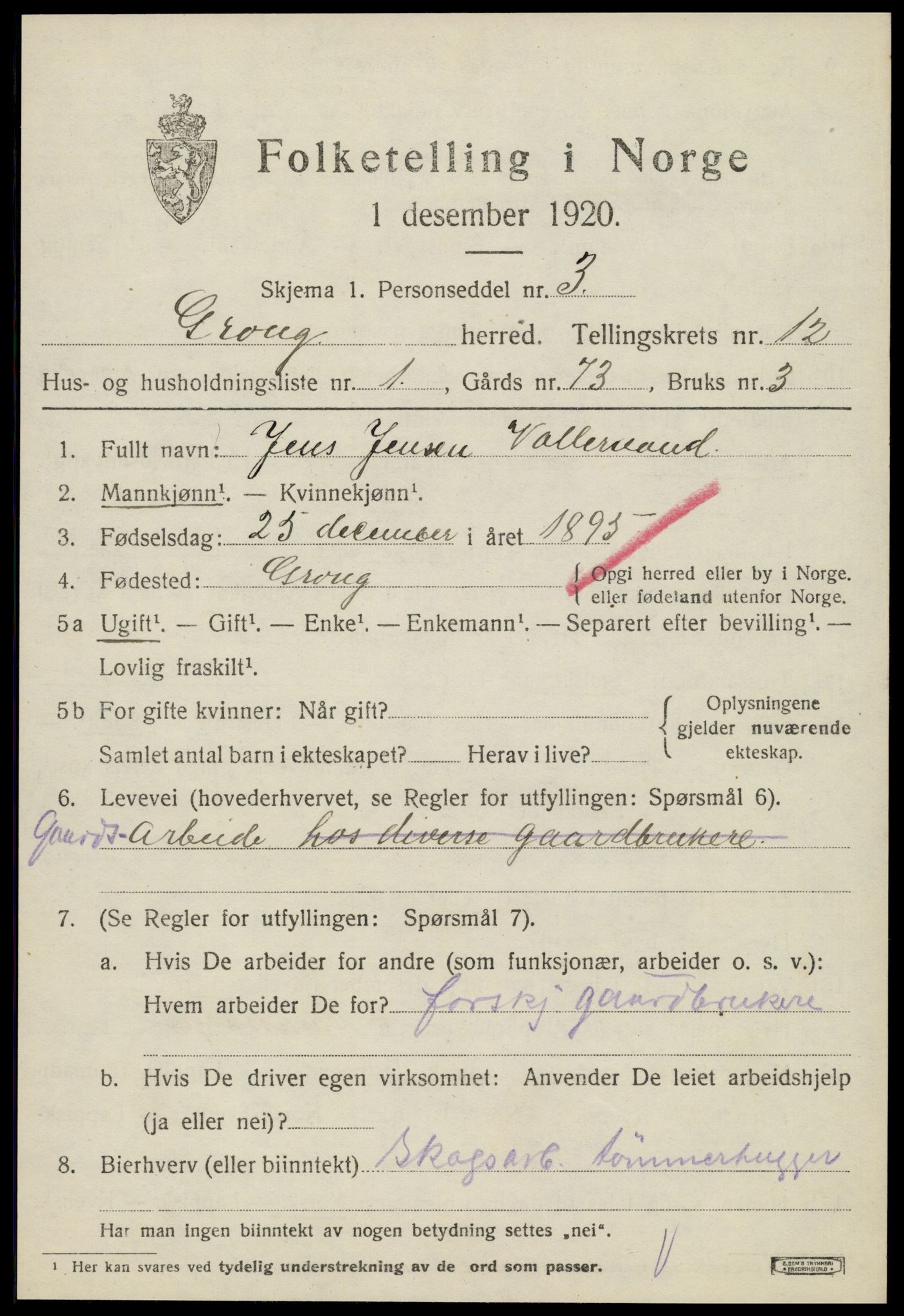 SAT, 1920 census for Grong, 1920, p. 6529