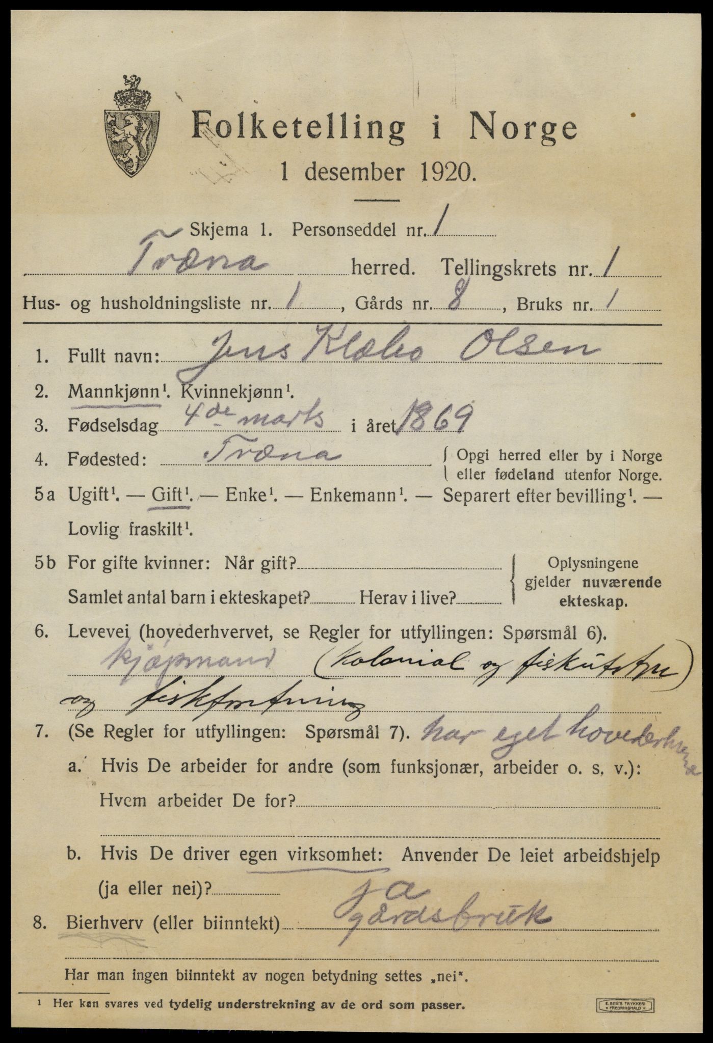 SAT, 1920 census for Træna, 1920, p. 256