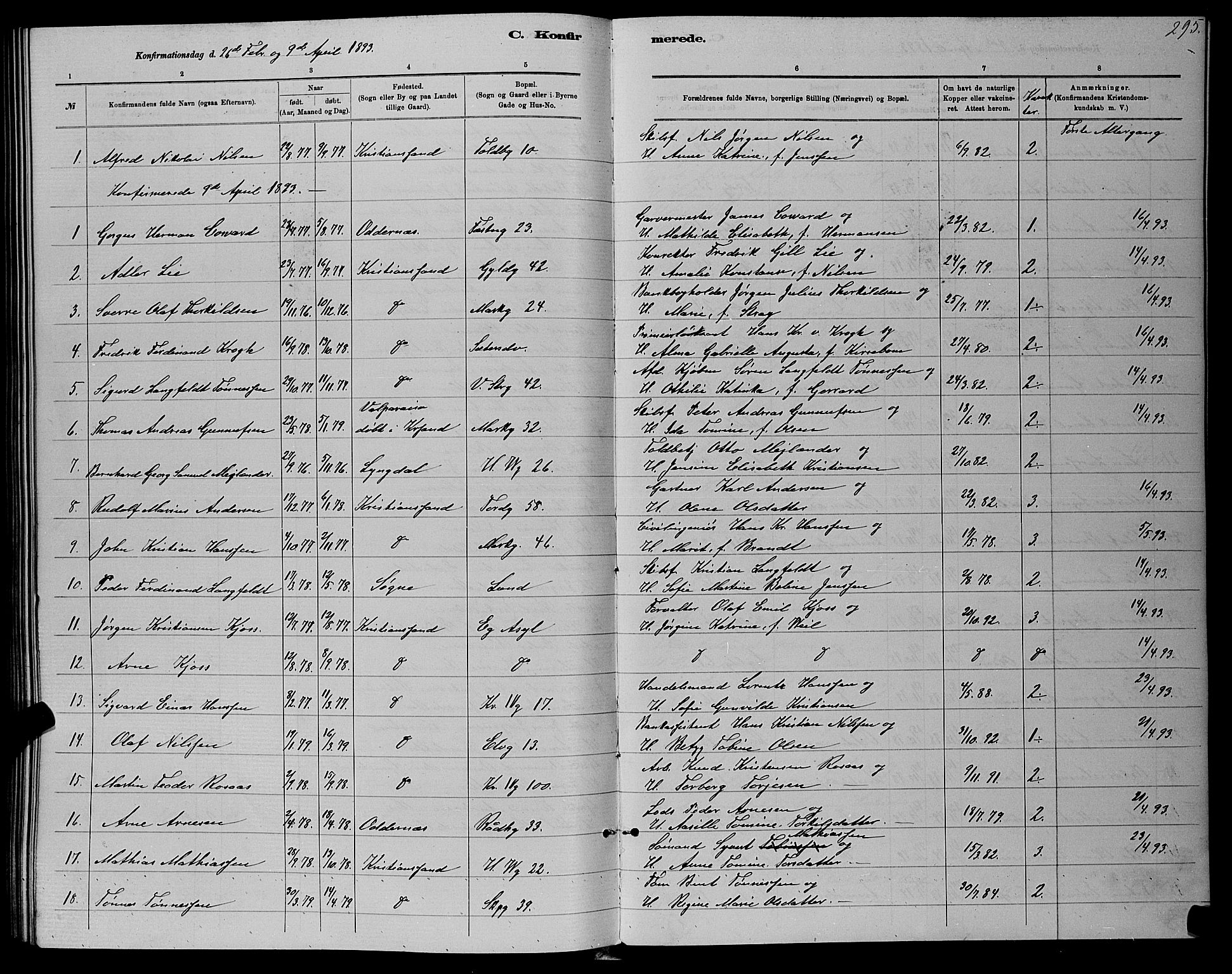 Kristiansand domprosti, SAK/1112-0006/F/Fb/L0016: Parish register (copy) no. B 16, 1881-1893, p. 295
