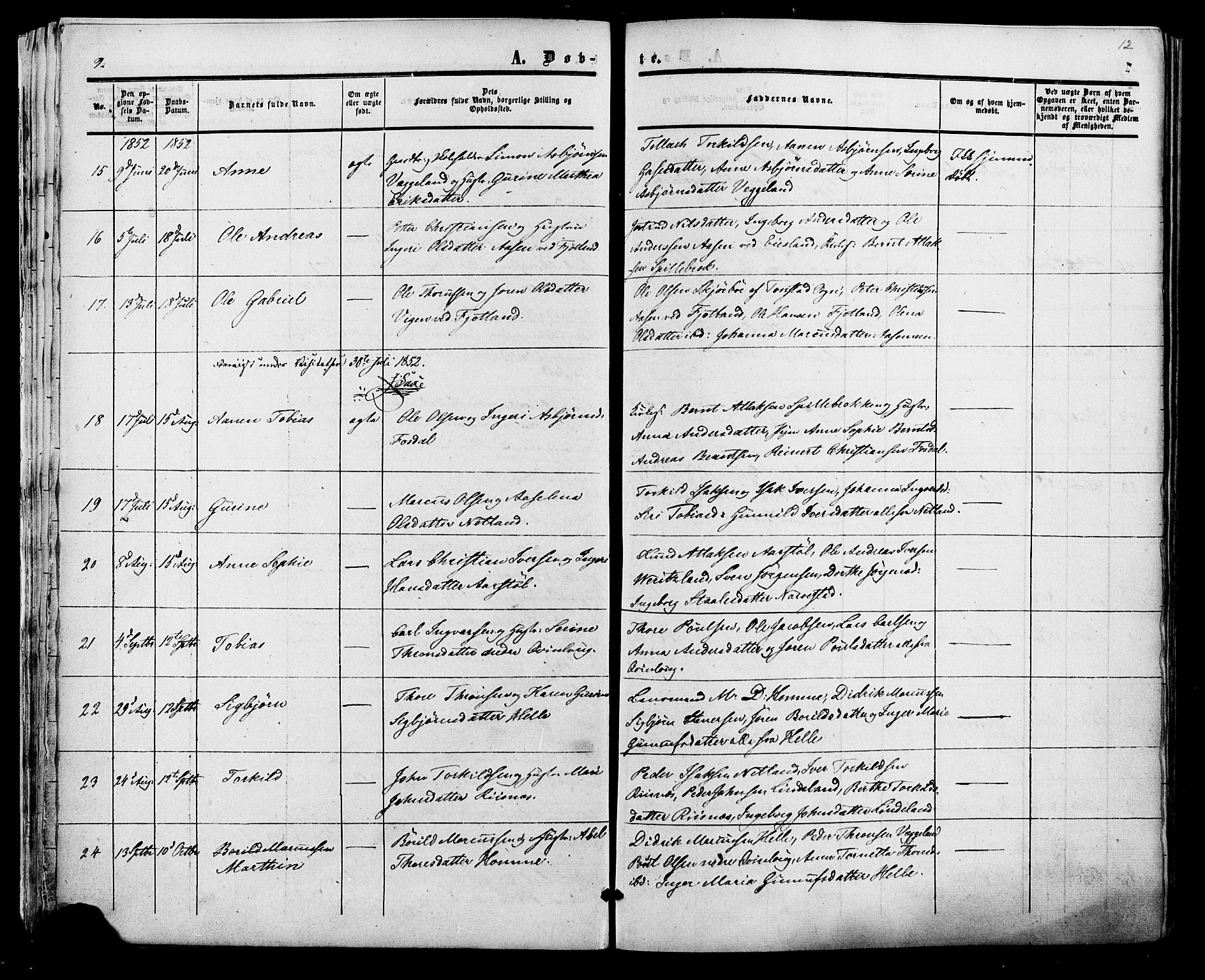 Fjotland sokneprestkontor, AV/SAK-1111-0010/F/Fa/L0001: Parish register (official) no. A 1, 1850-1879, p. 12