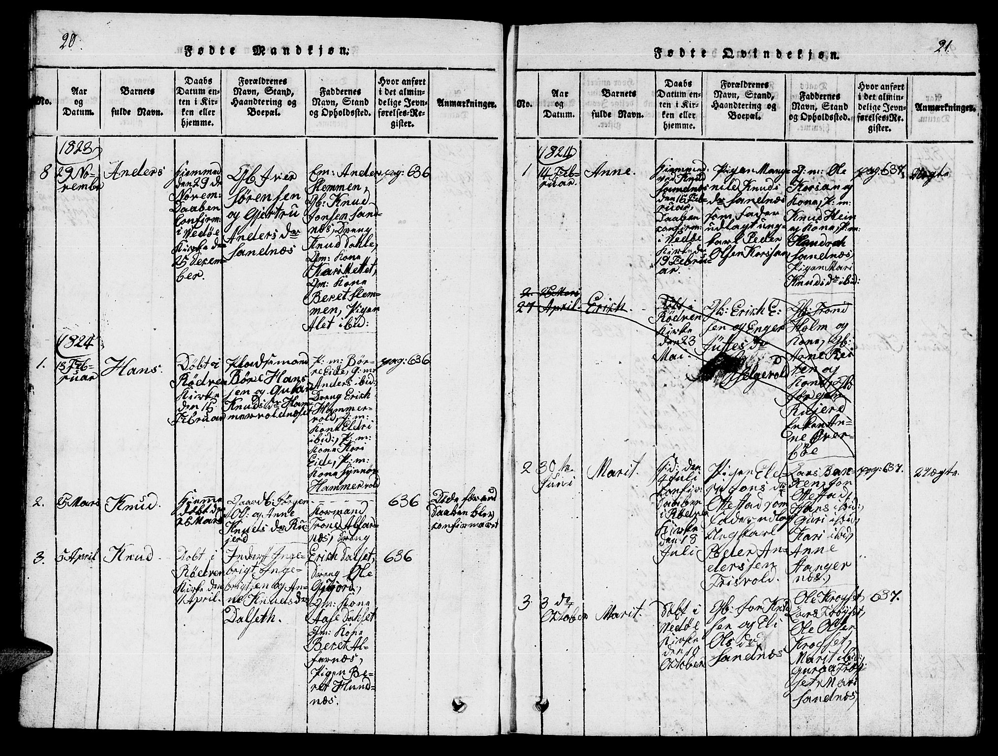 Ministerialprotokoller, klokkerbøker og fødselsregistre - Møre og Romsdal, AV/SAT-A-1454/548/L0613: Parish register (copy) no. 548C01, 1818-1846, p. 20-21