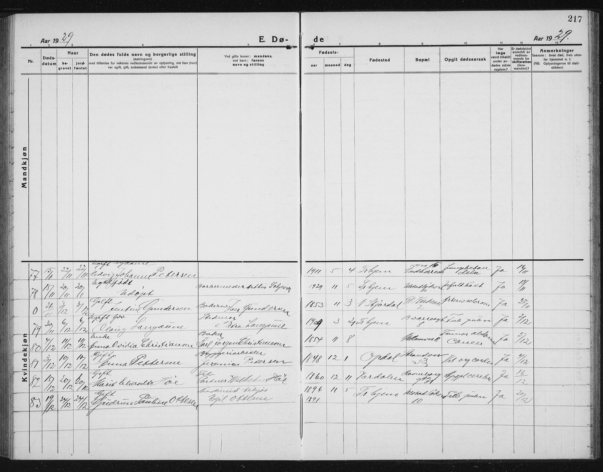Ministerialprotokoller, klokkerbøker og fødselsregistre - Sør-Trøndelag, SAT/A-1456/605/L0260: Parish register (copy) no. 605C07, 1922-1942, p. 217