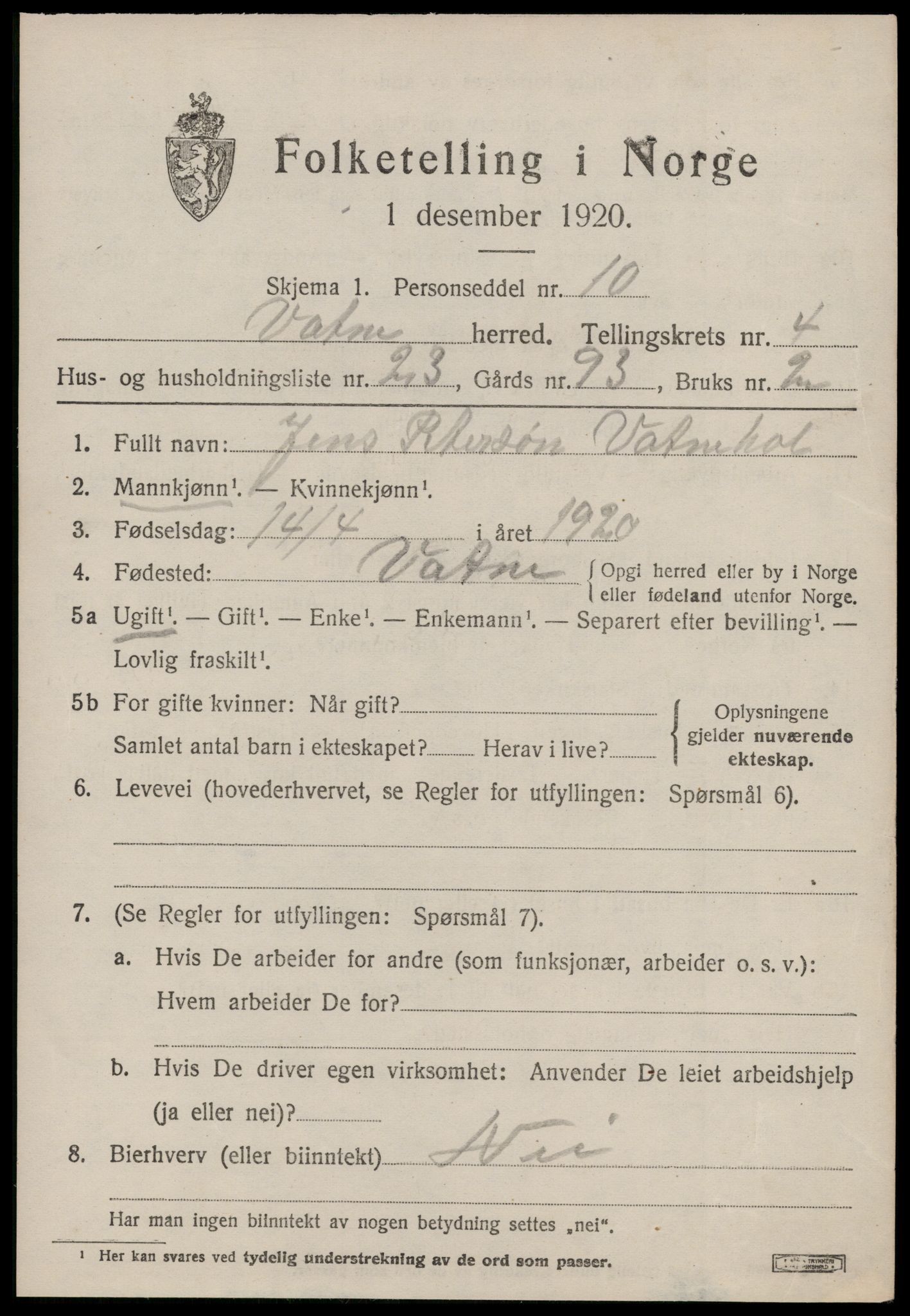 SAT, 1920 census for Vatne, 1920, p. 2150