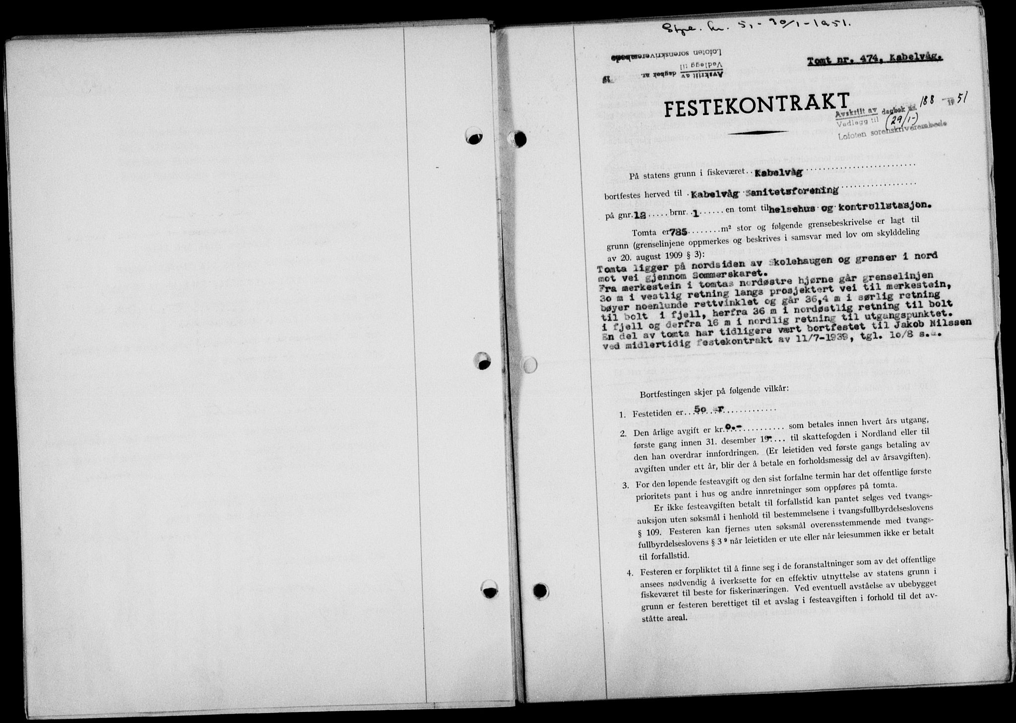 Lofoten sorenskriveri, SAT/A-0017/1/2/2C/L0025a: Mortgage book no. 25a, 1950-1951, Diary no: : 188/1951