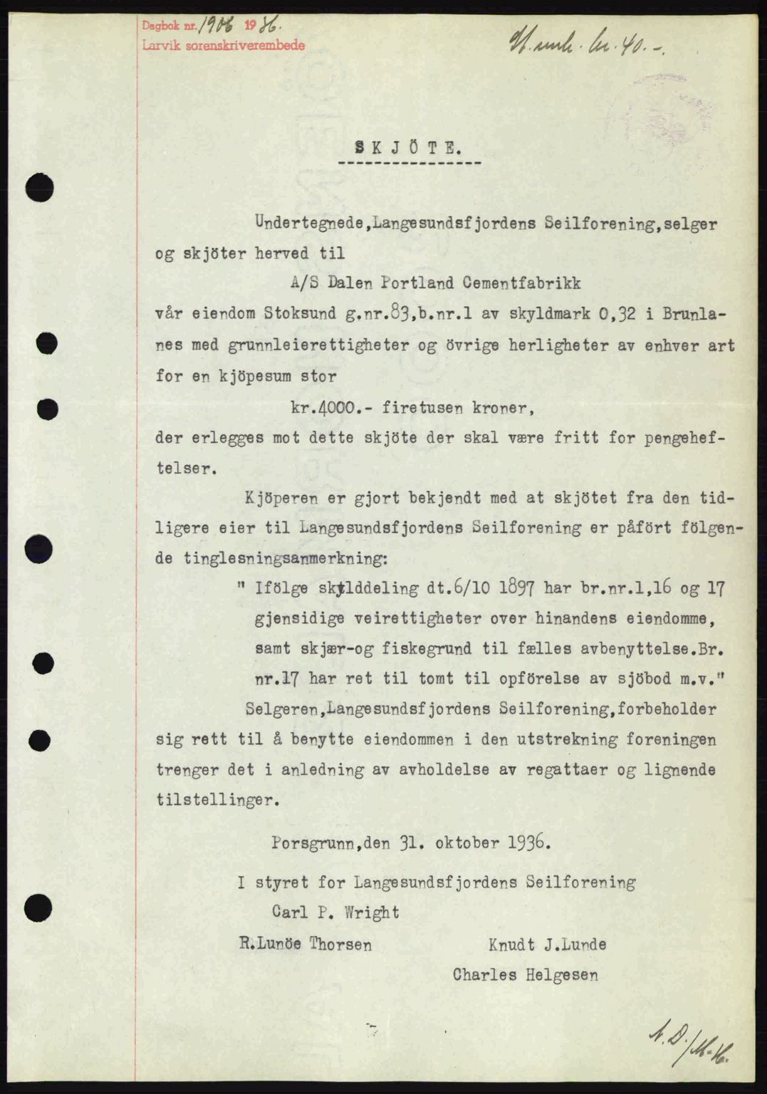Larvik sorenskriveri, SAKO/A-83/G/Ga/Gab/L0067: Mortgage book no. A-1, 1936-1937, Diary no: : 1906/1936