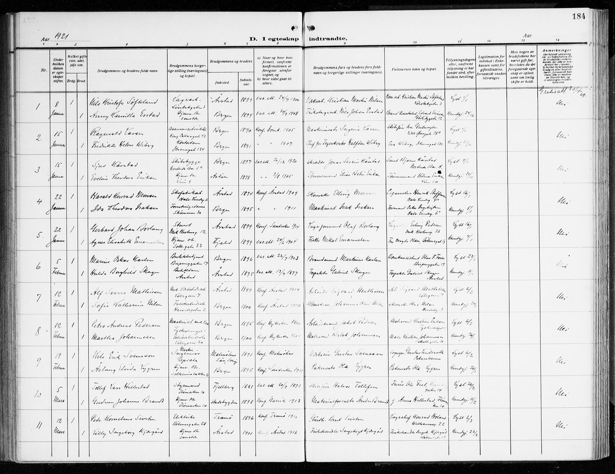 Årstad Sokneprestembete, AV/SAB-A-79301/H/Haa/L0004: Parish register (official) no. A 4, 1919-1928, p. 184