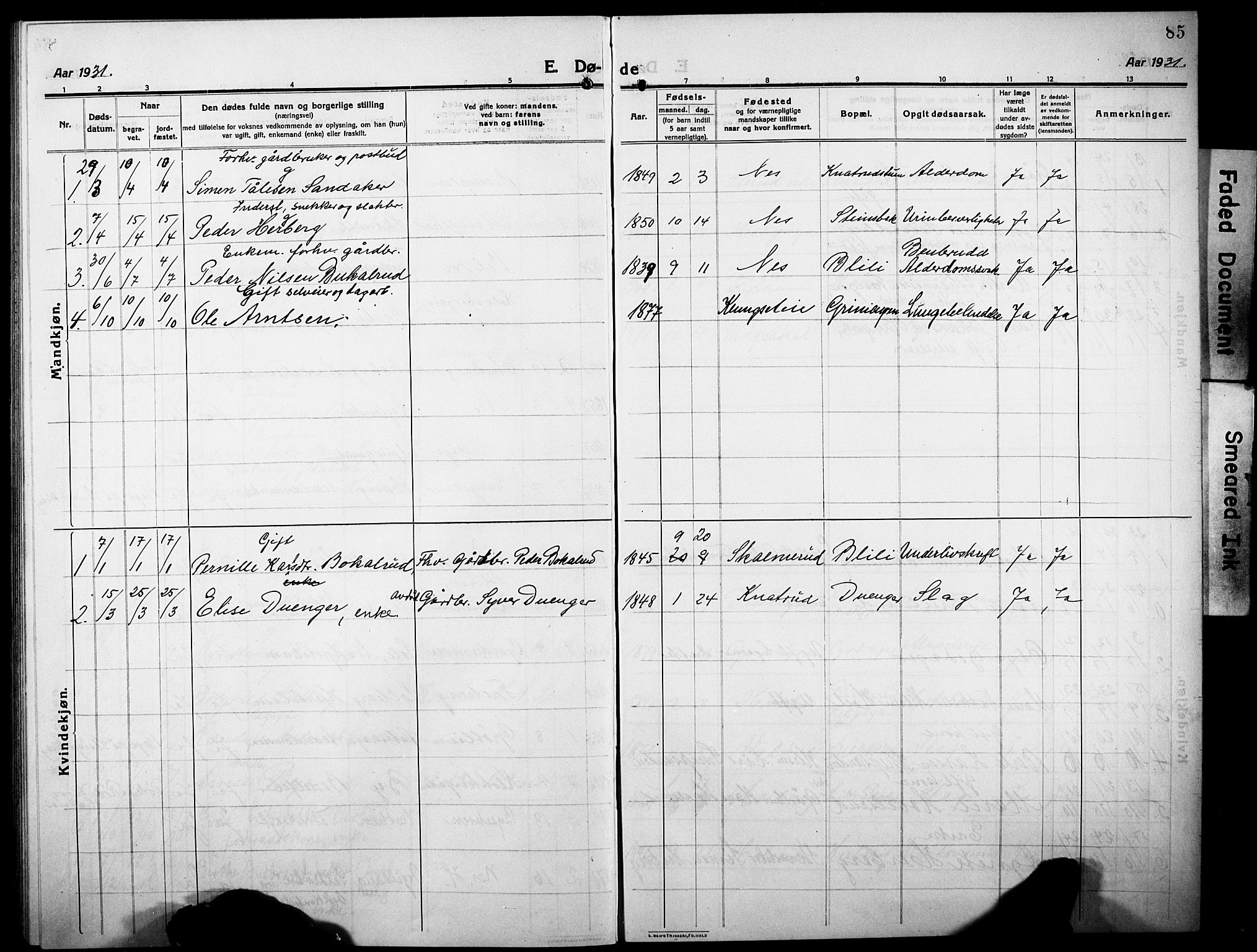 Nes prestekontor, Hedmark, SAH/PREST-020/L/La/L0008: Parish register (copy) no. 8, 1910-1932, p. 85