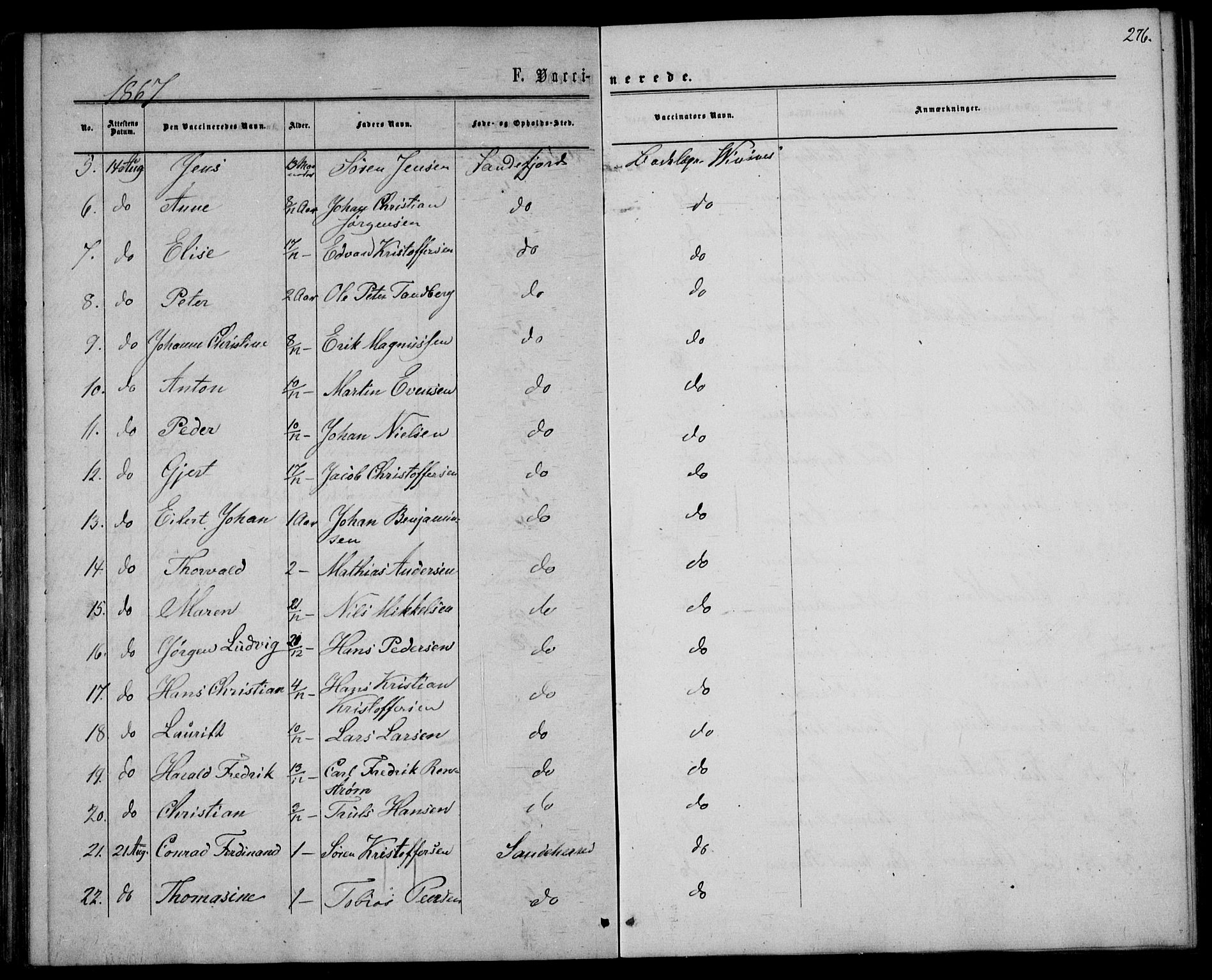 Sandar kirkebøker, AV/SAKO-A-243/F/Fa/L0009: Parish register (official) no. 9, 1862-1871, p. 276