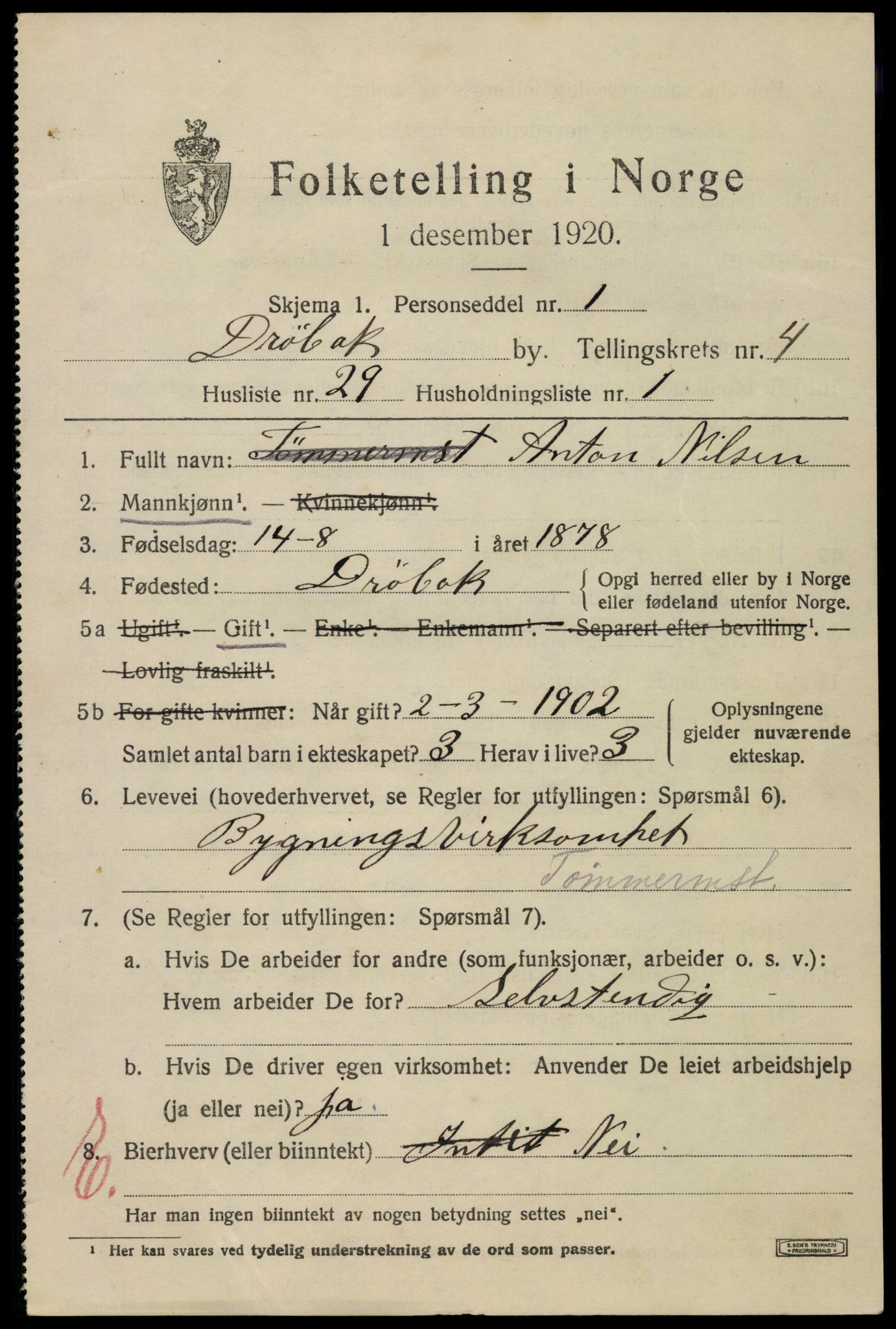 SAO, 1920 census for Drøbak, 1920, p. 4393