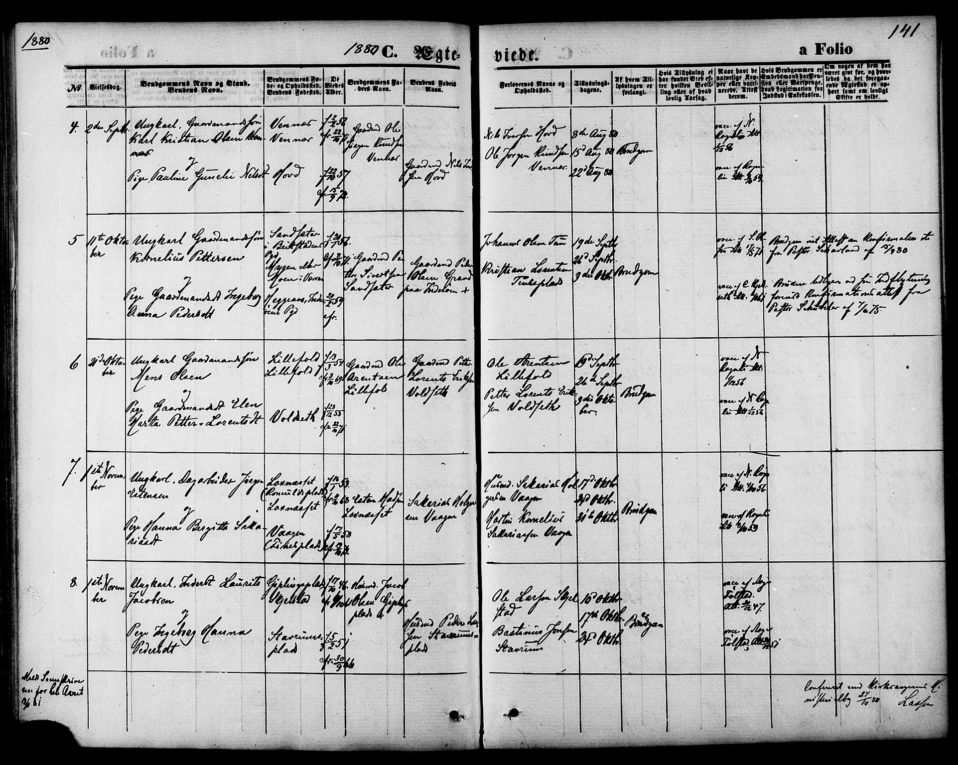 Ministerialprotokoller, klokkerbøker og fødselsregistre - Nord-Trøndelag, SAT/A-1458/744/L0419: Parish register (official) no. 744A03, 1867-1881, p. 141