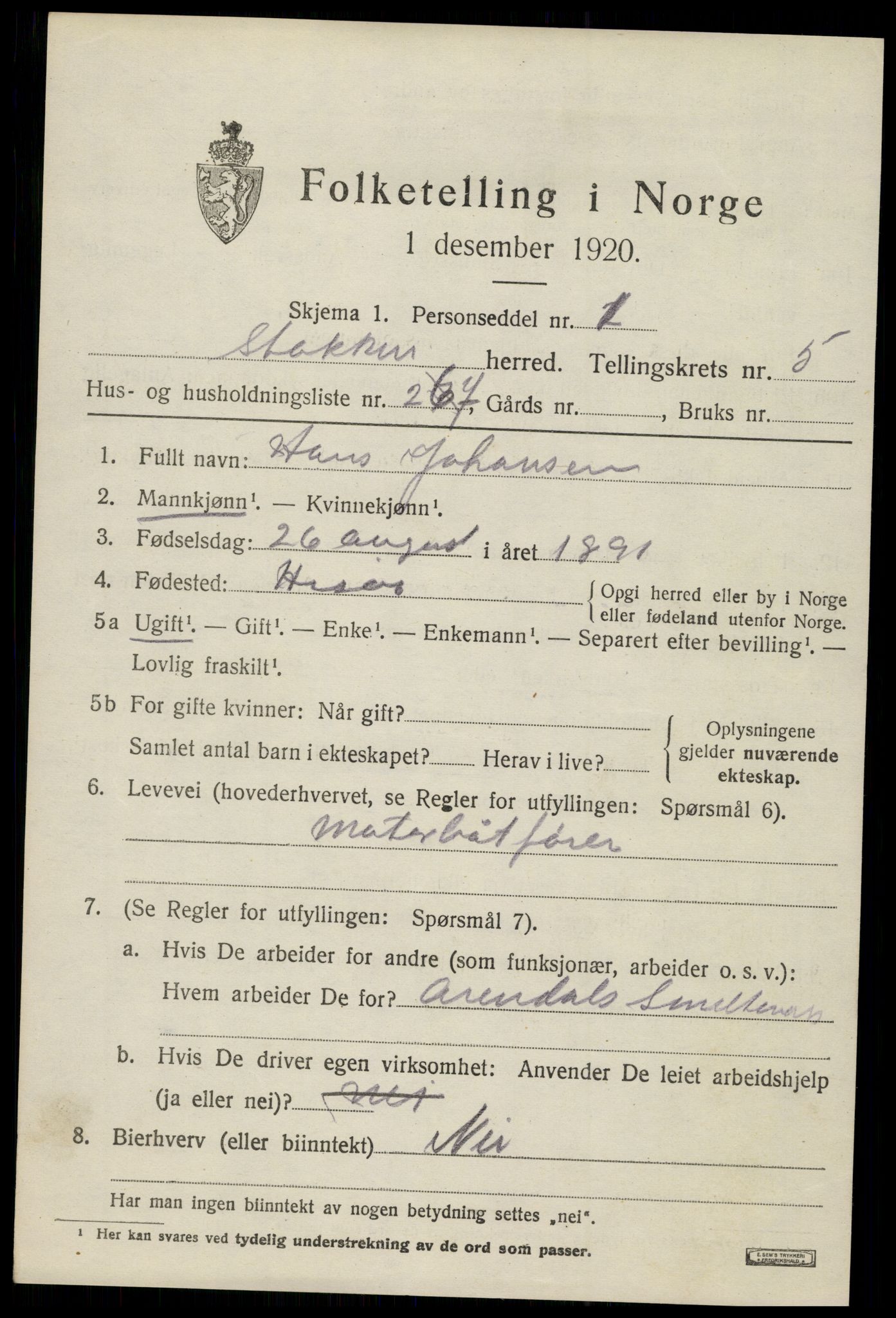 SAK, 1920 census for Stokken, 1920, p. 3706