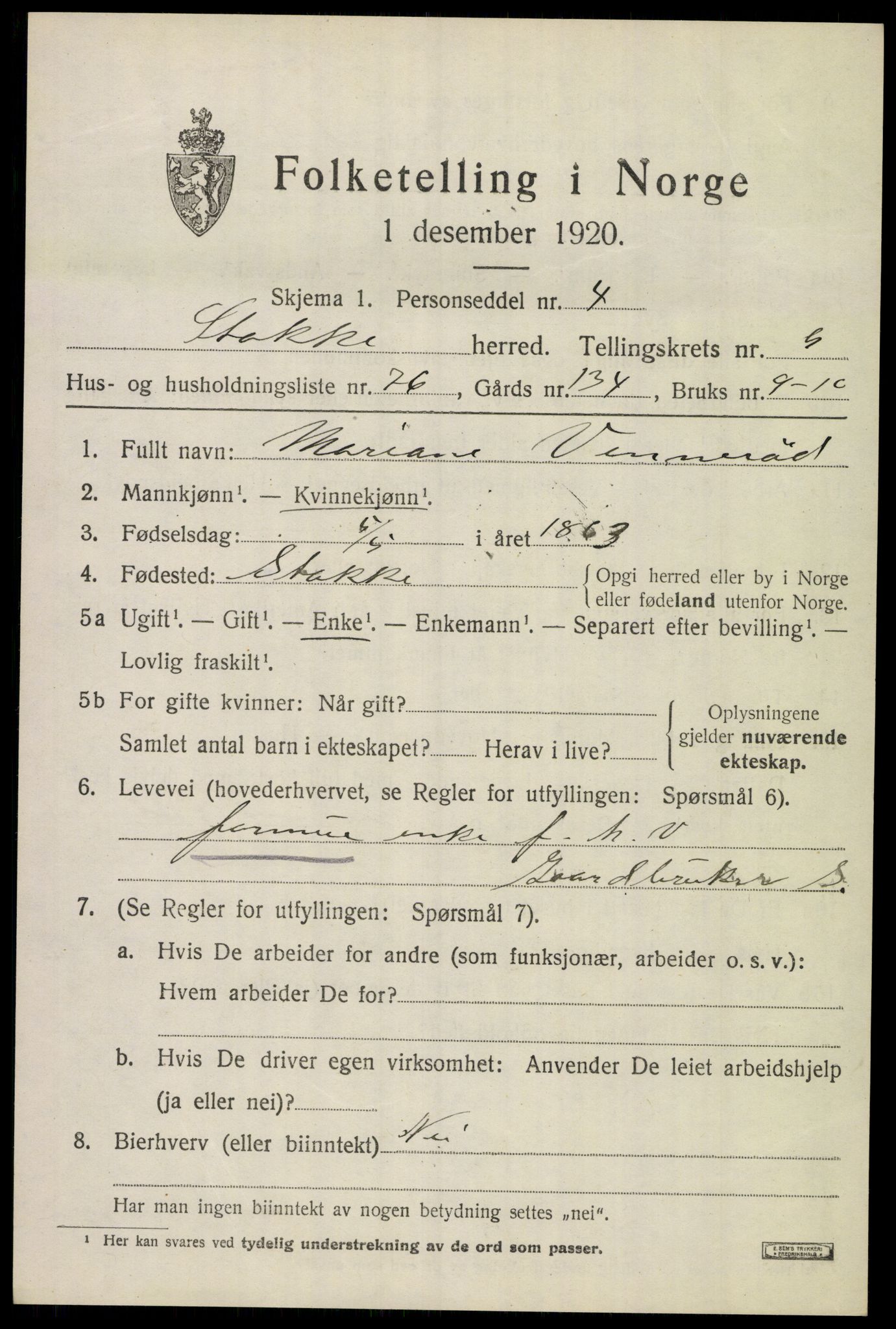 SAKO, 1920 census for Stokke, 1920, p. 11176