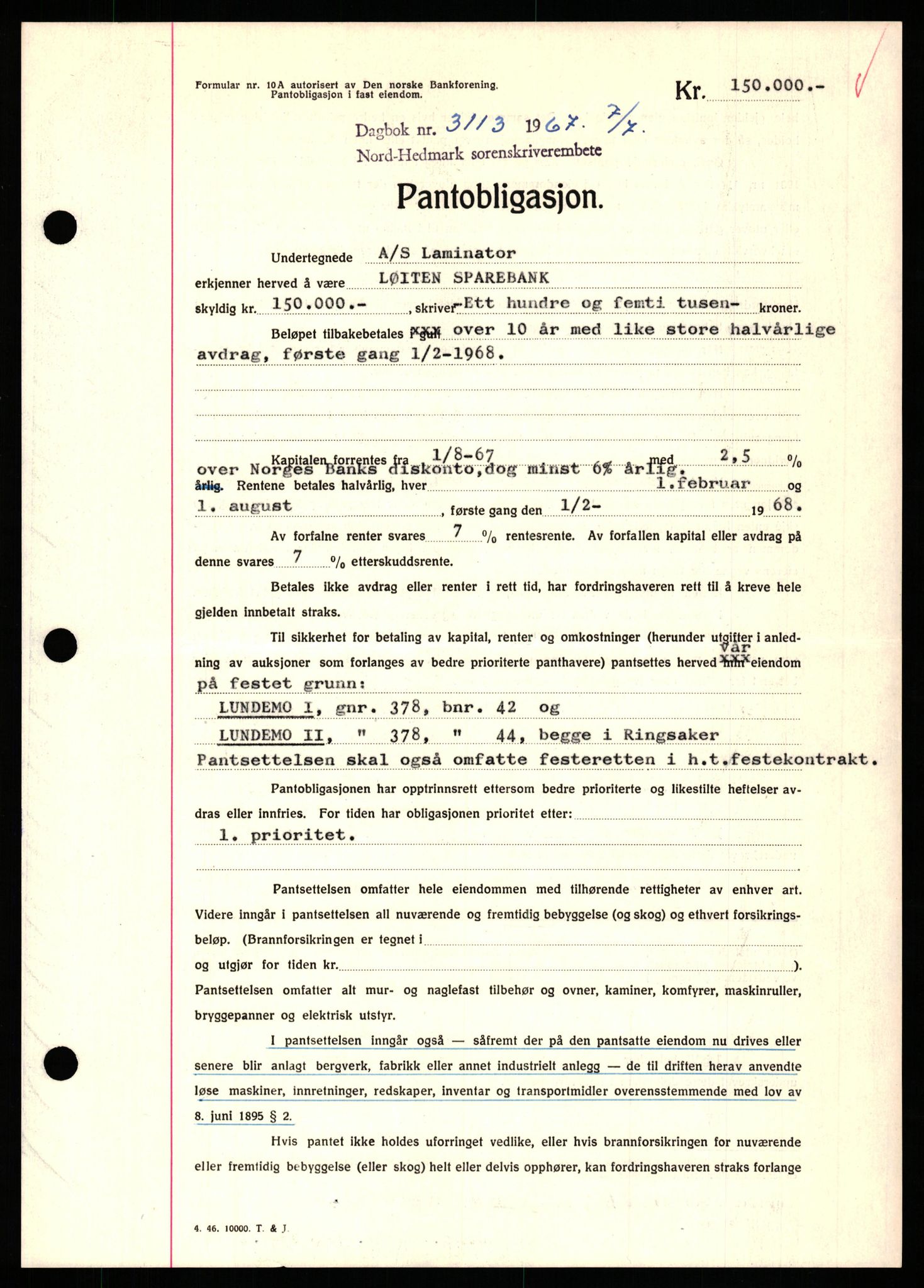 Nord-Hedmark sorenskriveri, SAH/TING-012/H/Hb/Hbf/L0071: Mortgage book no. B71, 1967-1967, Diary no: : 3113/1967