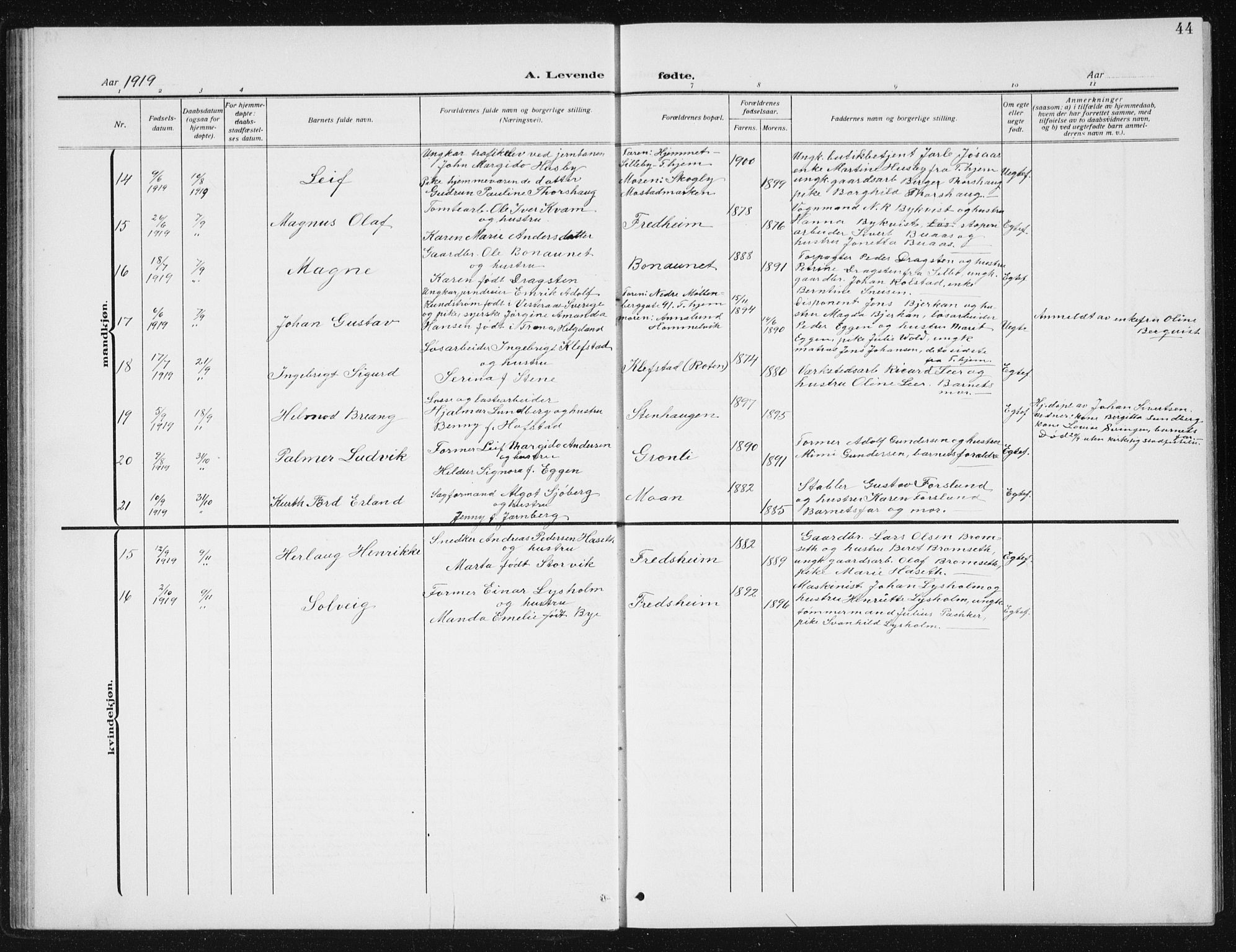 Ministerialprotokoller, klokkerbøker og fødselsregistre - Sør-Trøndelag, SAT/A-1456/617/L0431: Parish register (copy) no. 617C02, 1910-1936, p. 44