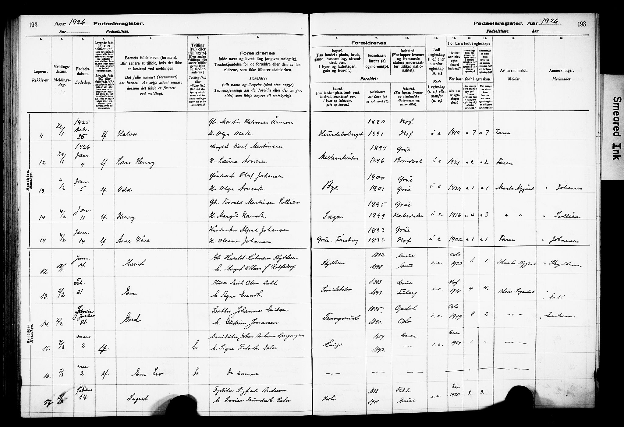 Grue prestekontor, AV/SAH-PREST-036/I/Id/Ida/L0001: Birth register no. I 1, 1916-1926, p. 193