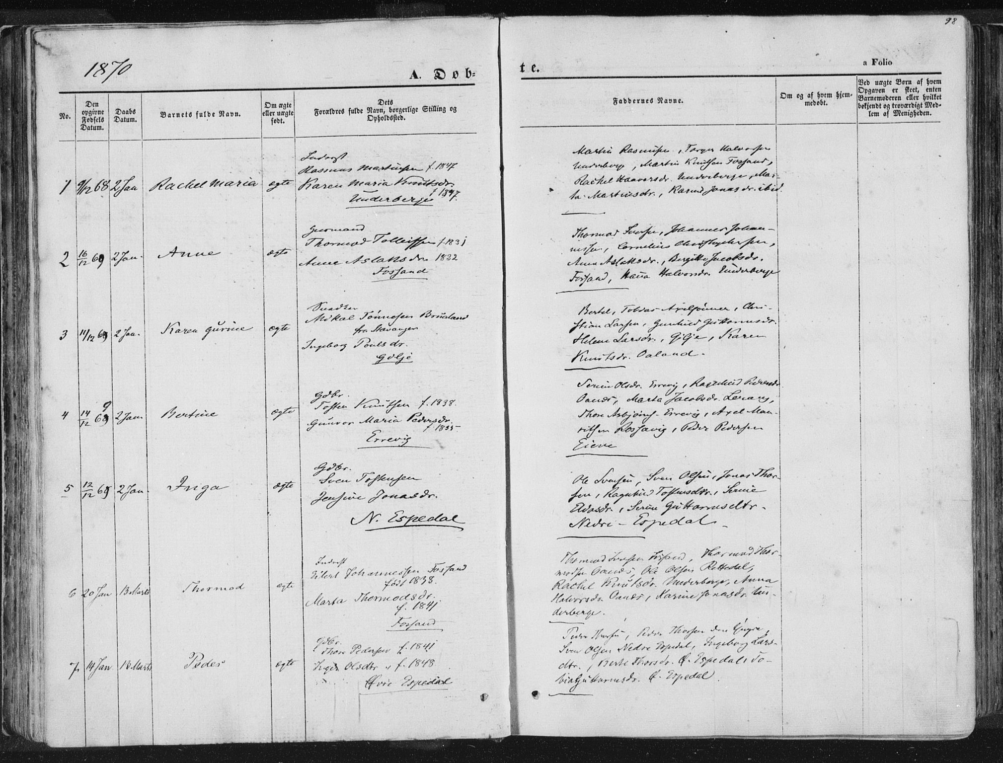 Høgsfjord sokneprestkontor, SAST/A-101624/H/Ha/Haa/L0001: Parish register (official) no. A 1, 1854-1875, p. 98