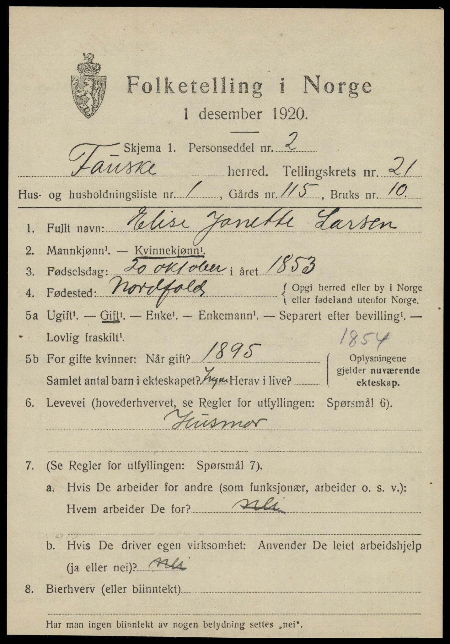 SAT, 1920 census for Fauske, 1920, p. 12912