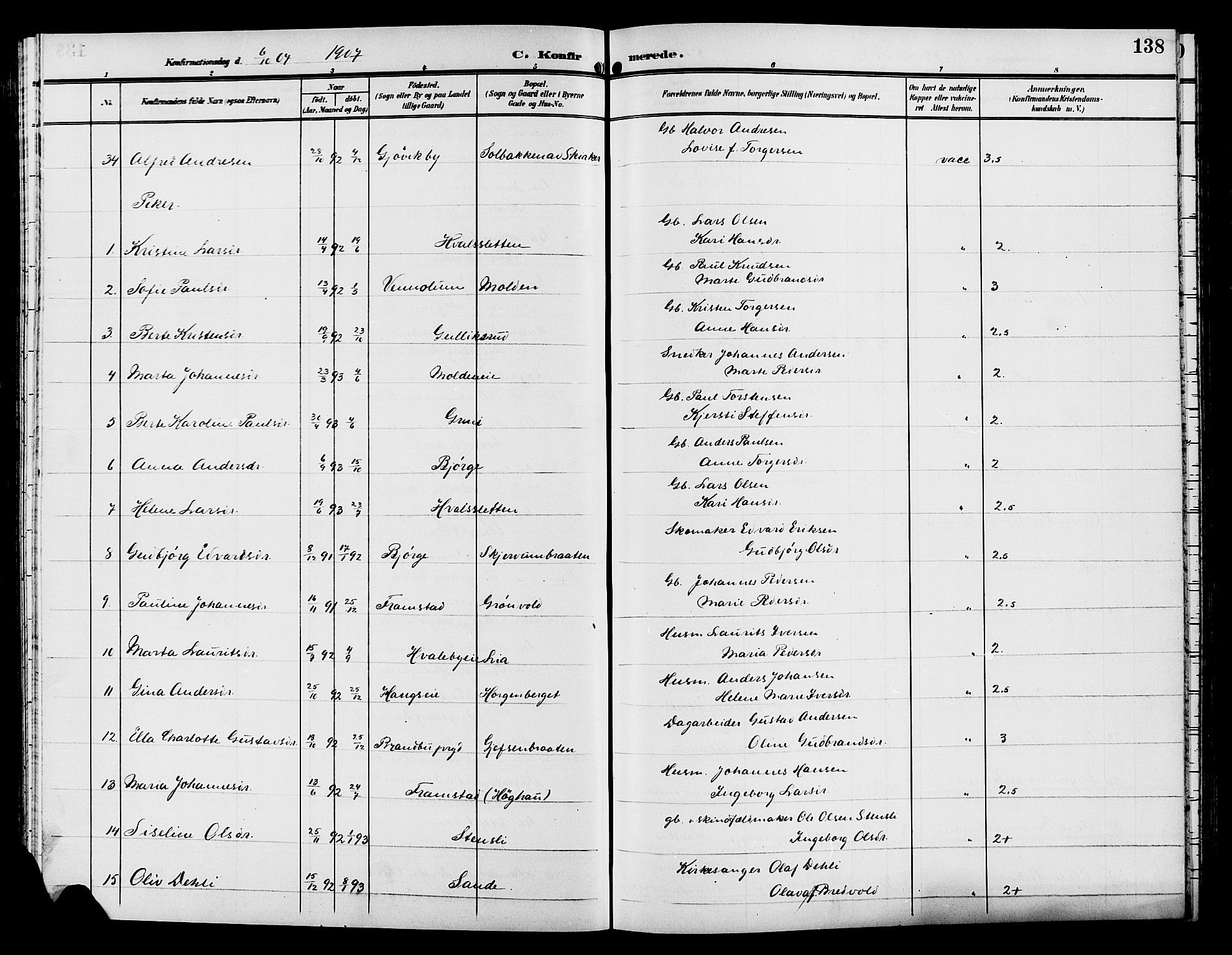 Gran prestekontor, AV/SAH-PREST-112/H/Ha/Hab/L0006: Parish register (copy) no. 6, 1901-1911, p. 138