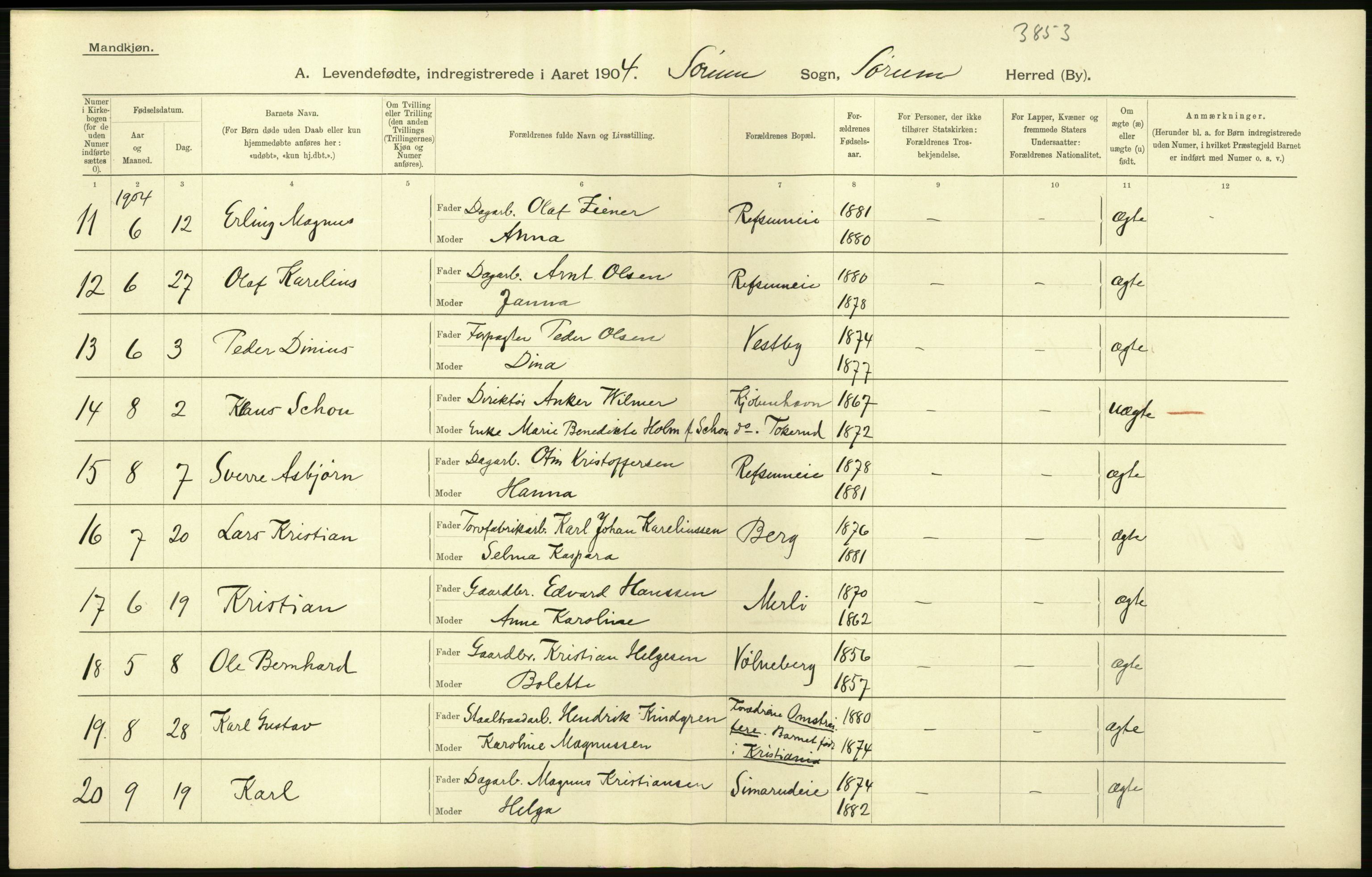 Statistisk sentralbyrå, Sosiodemografiske emner, Befolkning, AV/RA-S-2228/D/Df/Dfa/Dfab/L0002: Akershus amt: Fødte, gifte, døde, 1904, p. 70