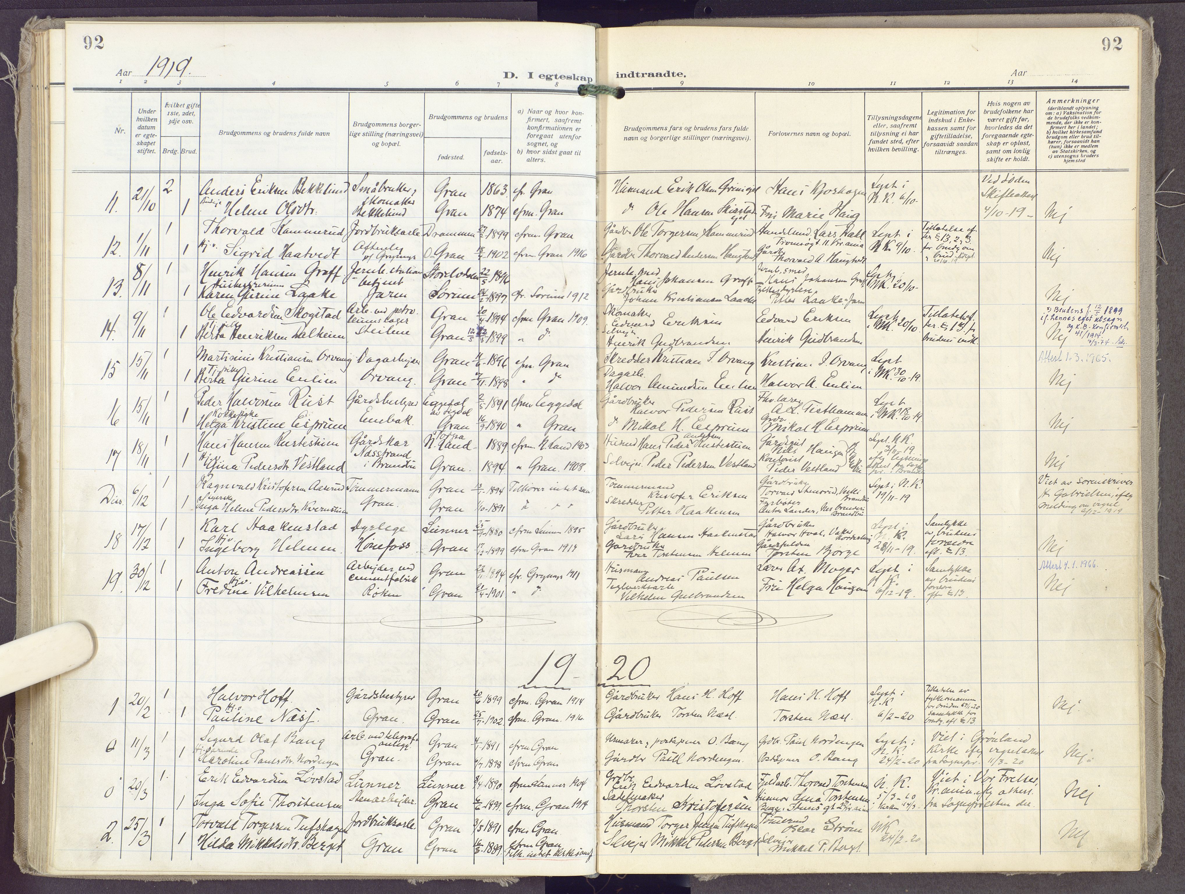 Gran prestekontor, SAH/PREST-112/H/Ha/Haa/L0023: Parish register (official) no. 23, 1919-1938, p. 92