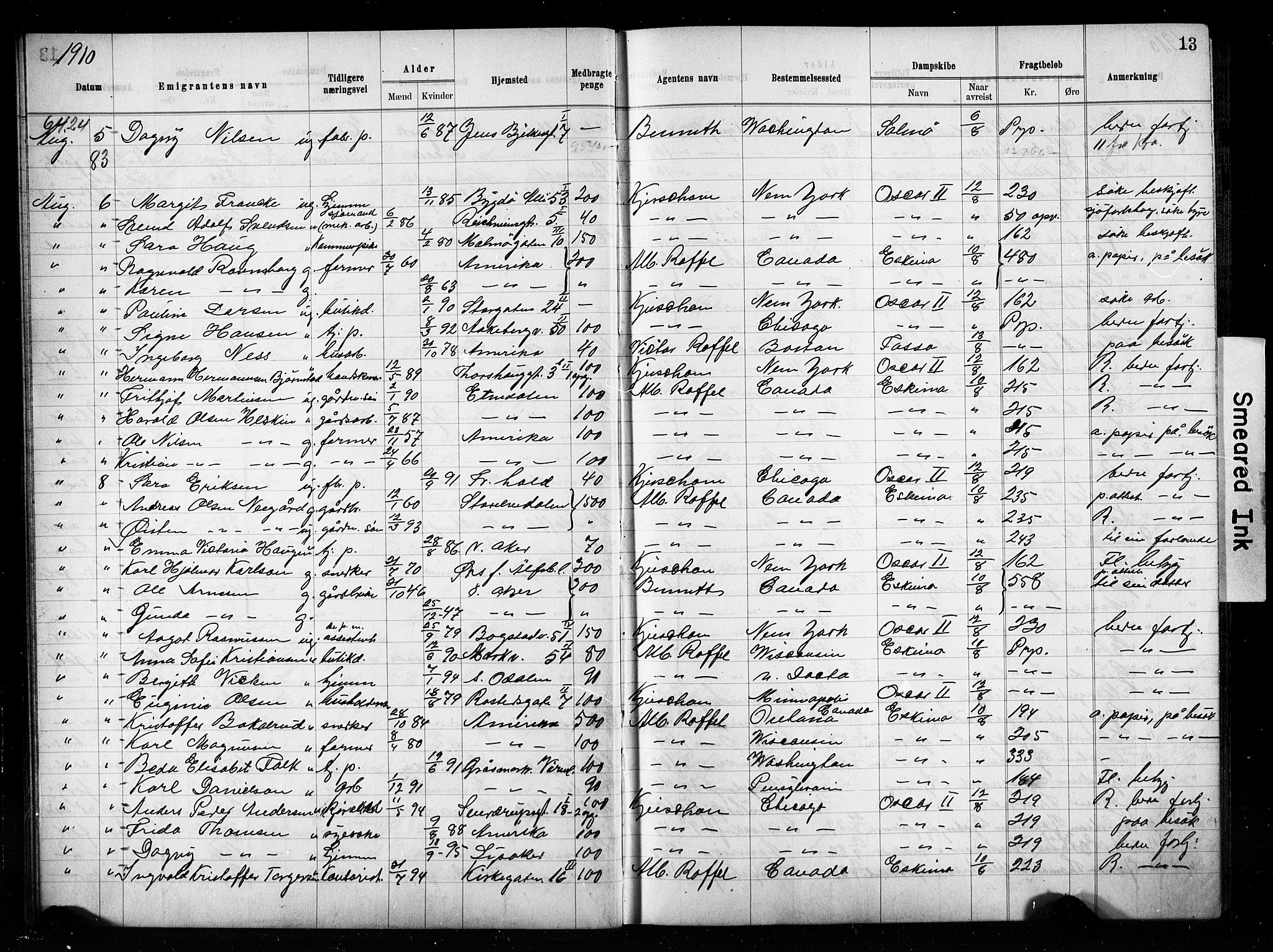 Oslo politidistrikt, AV/SAO-A-10085/E/Ee/Eef/L0029: Emigrantprotokoll, 1910-1913, p. 13