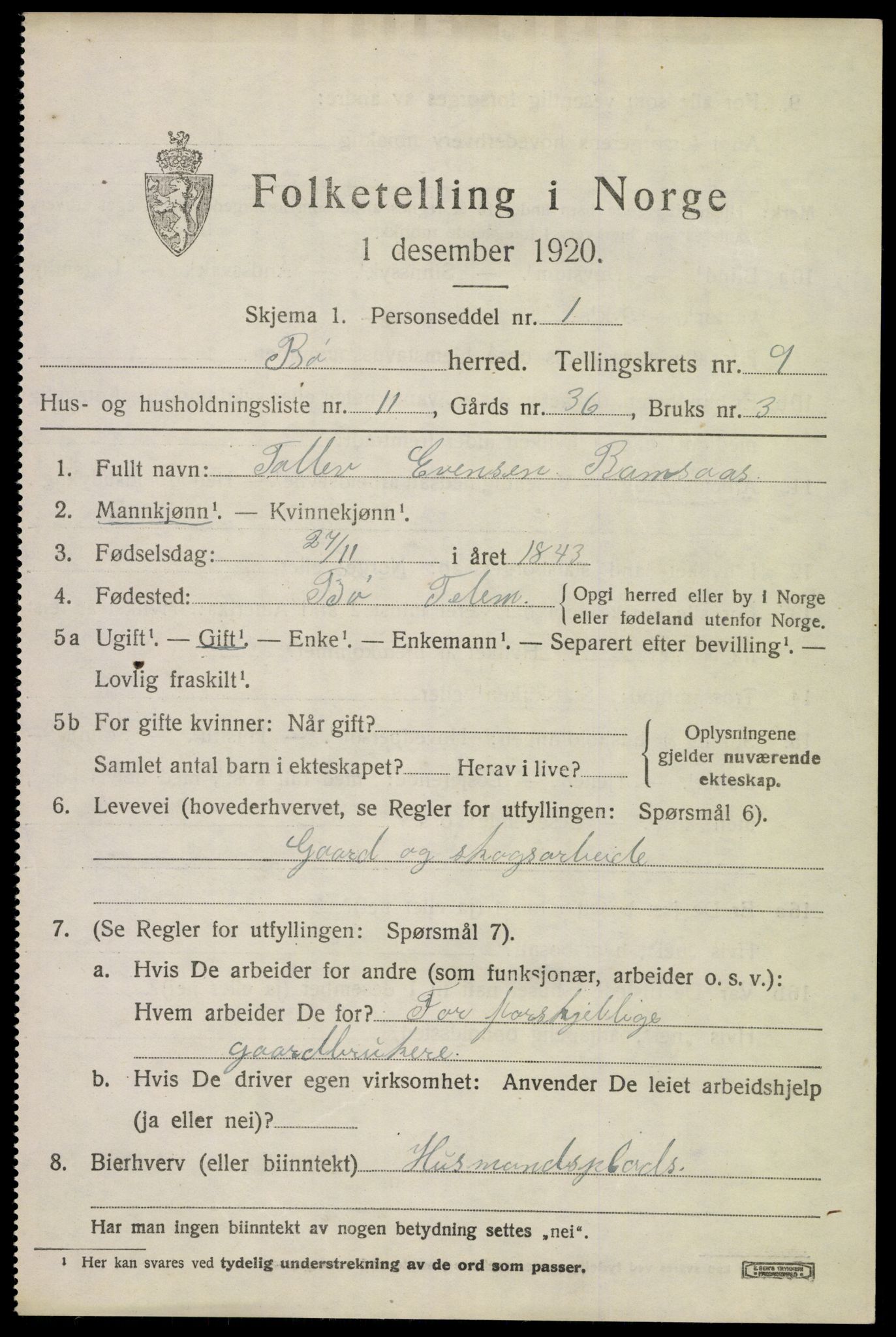 SAKO, 1920 census for Bø (Telemark), 1920, p. 6528