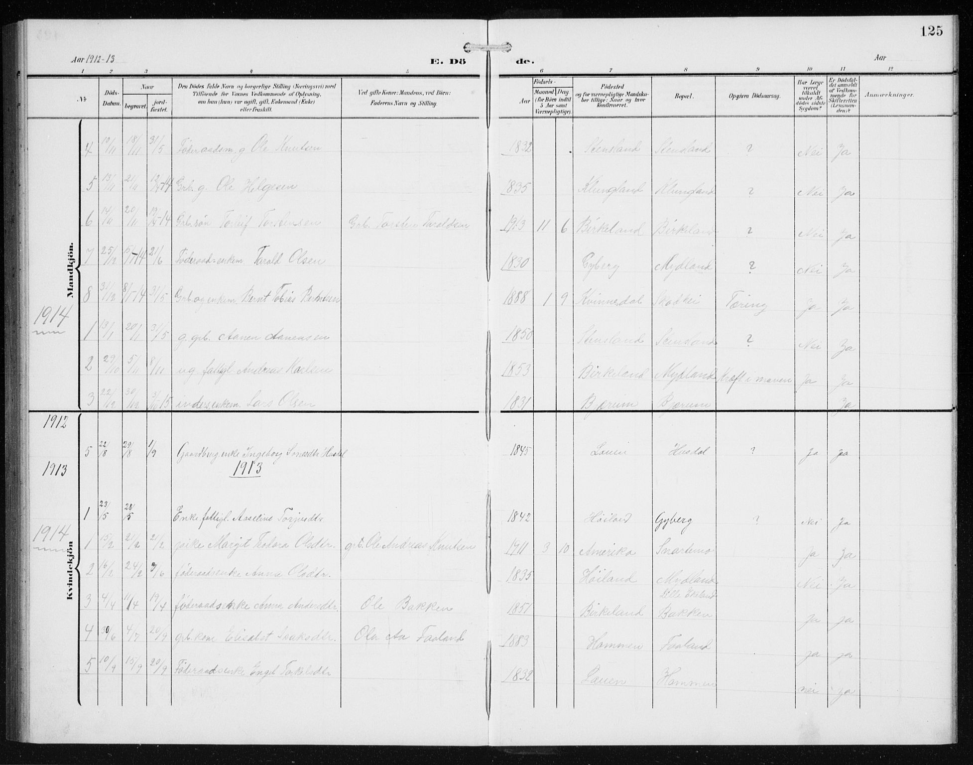 Hægebostad sokneprestkontor, SAK/1111-0024/F/Fb/Fba/L0005: Parish register (copy) no. B 5, 1907-1931, p. 125