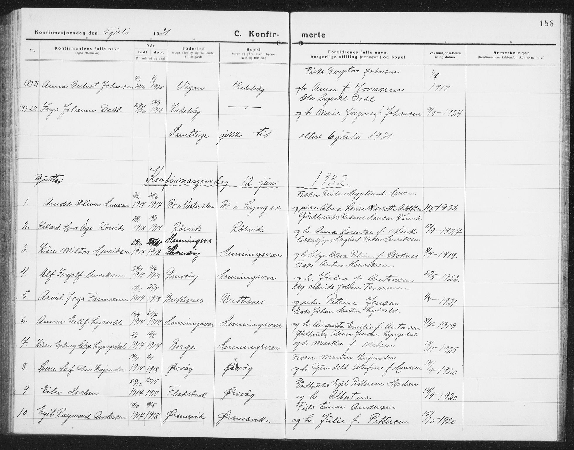 Ministerialprotokoller, klokkerbøker og fødselsregistre - Nordland, AV/SAT-A-1459/874/L1081: Parish register (copy) no. 874C10, 1925-1941, p. 188