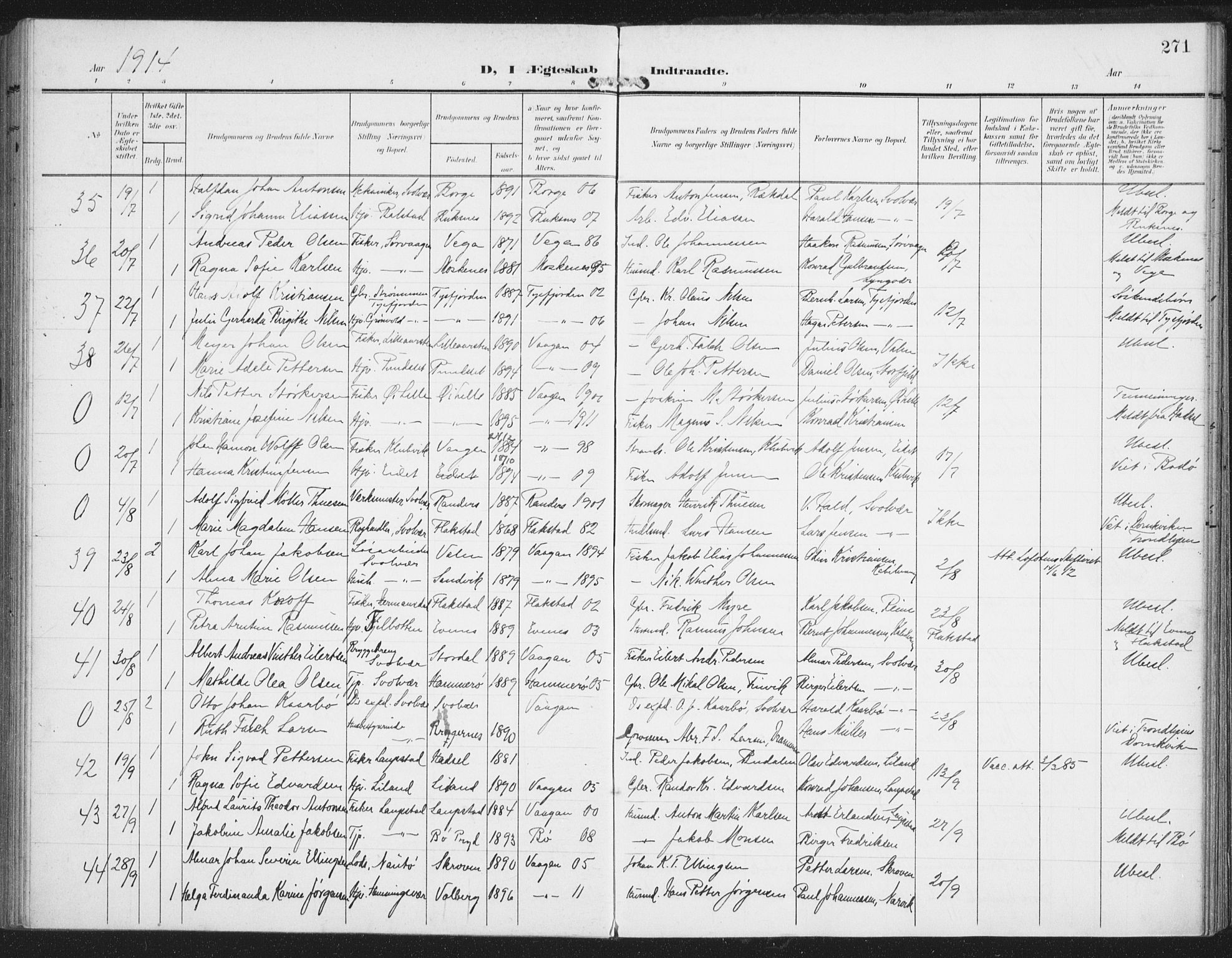 Ministerialprotokoller, klokkerbøker og fødselsregistre - Nordland, AV/SAT-A-1459/874/L1063: Parish register (official) no. 874A07, 1907-1915, p. 271