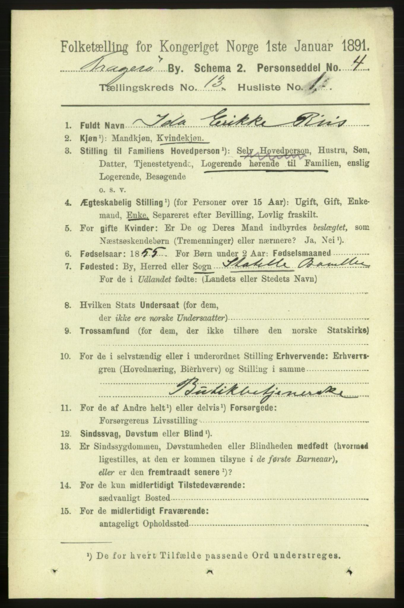 RA, 1891 census for 0801 Kragerø, 1891, p. 3978