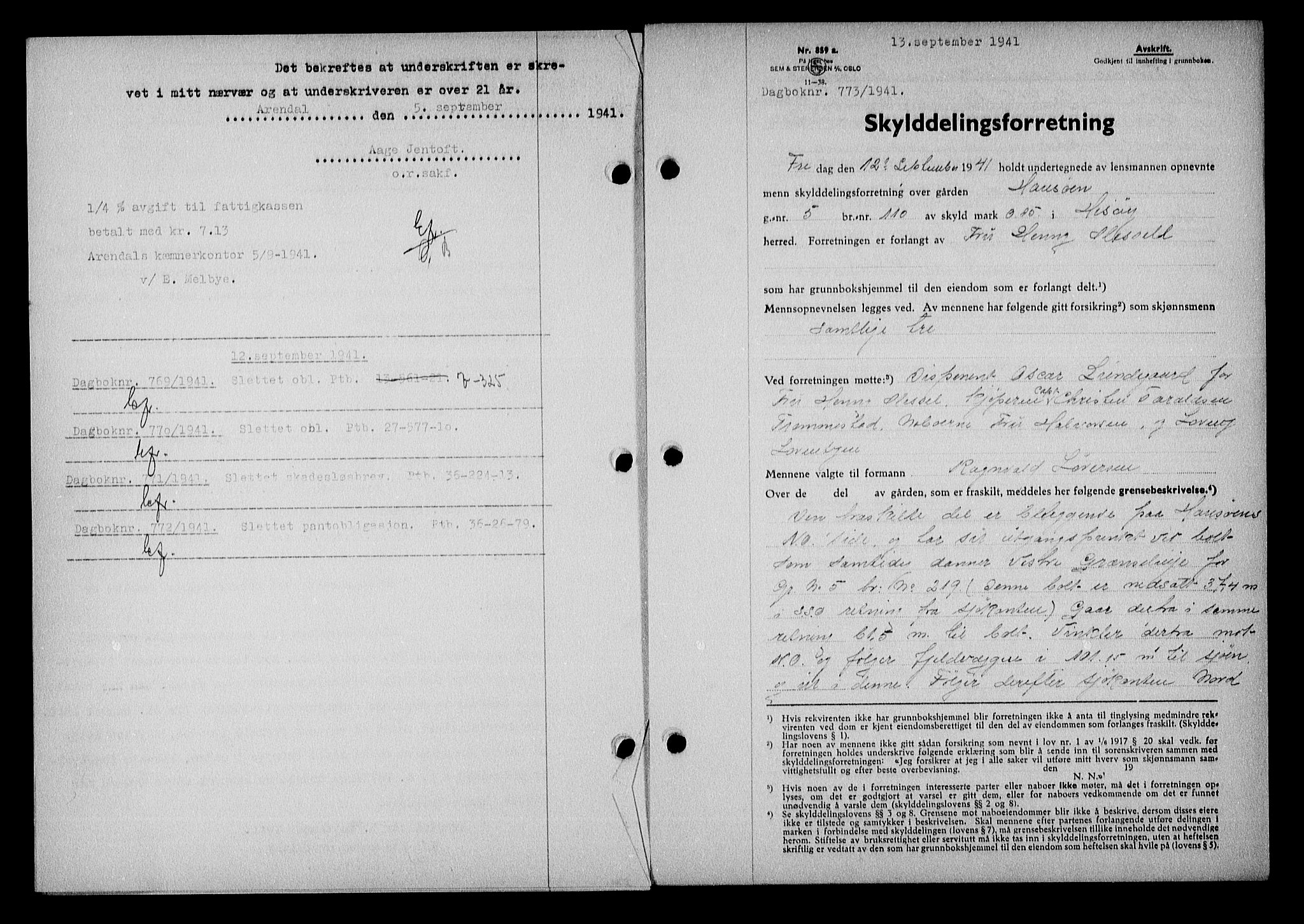 Nedenes sorenskriveri, AV/SAK-1221-0006/G/Gb/Gba/L0048: Mortgage book no. A-II, 1940-1941, Diary no: : 773/1941