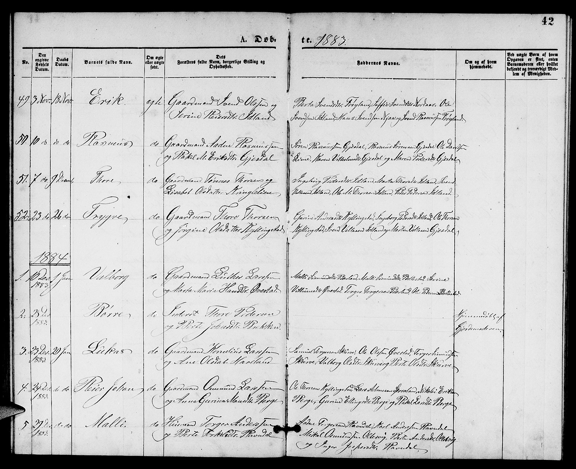 Lye sokneprestkontor, SAST/A-101794/001/30BB/L0005: Parish register (copy) no. B 5, 1875-1886, p. 42