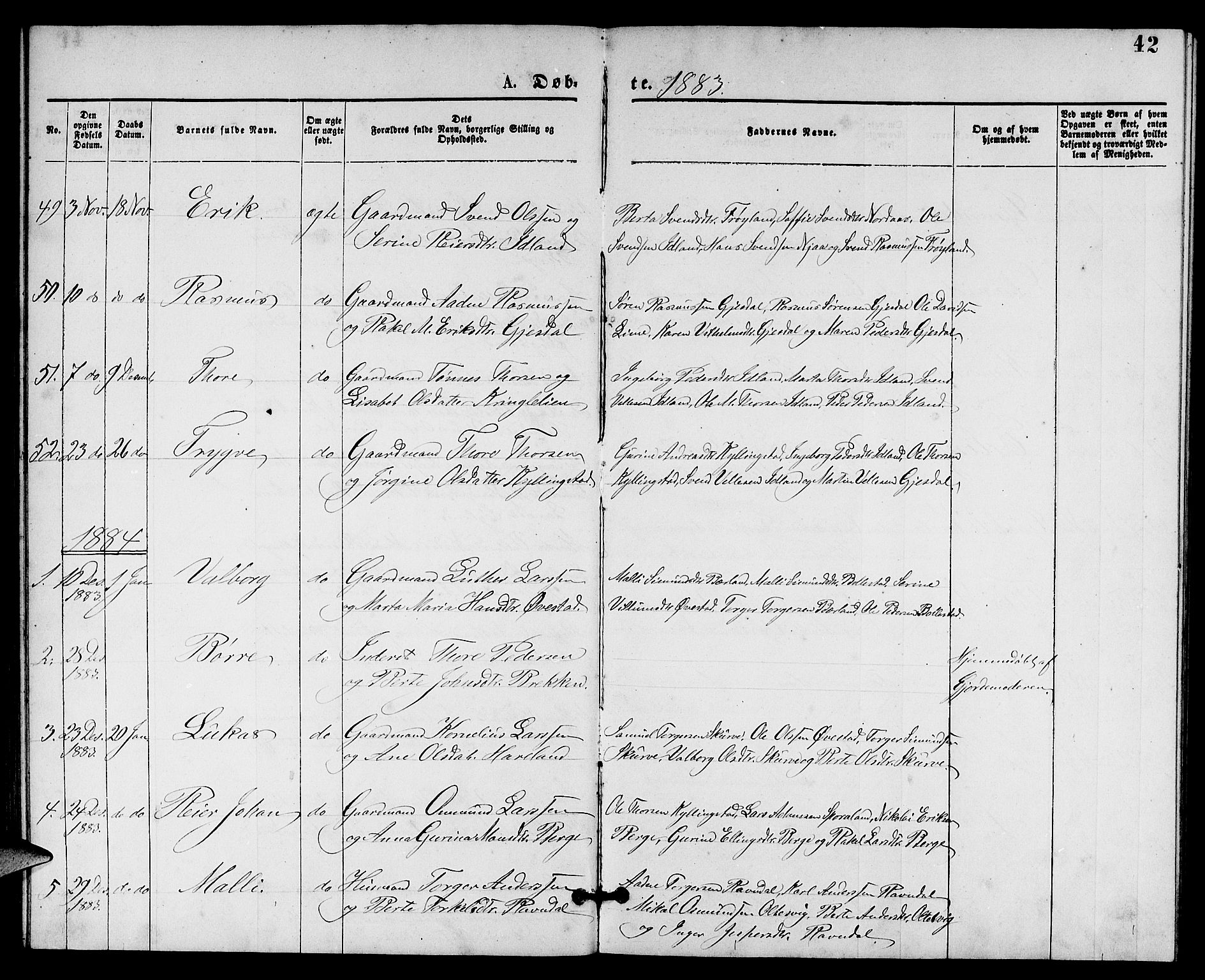 Lye sokneprestkontor, AV/SAST-A-101794/001/30BB/L0005: Parish register (copy) no. B 5, 1875-1886, p. 42