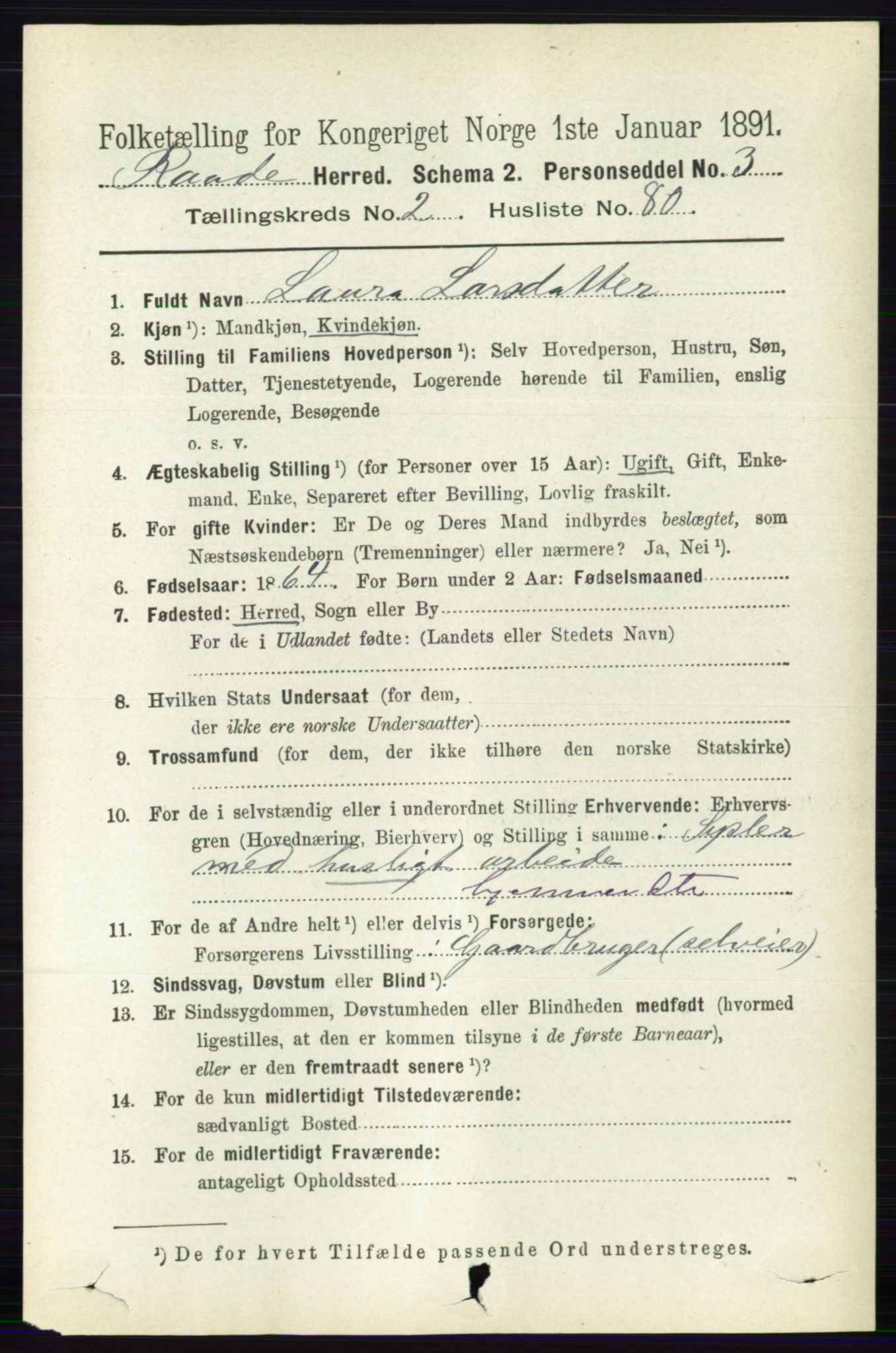 RA, 1891 census for 0135 Råde, 1891, p. 1084