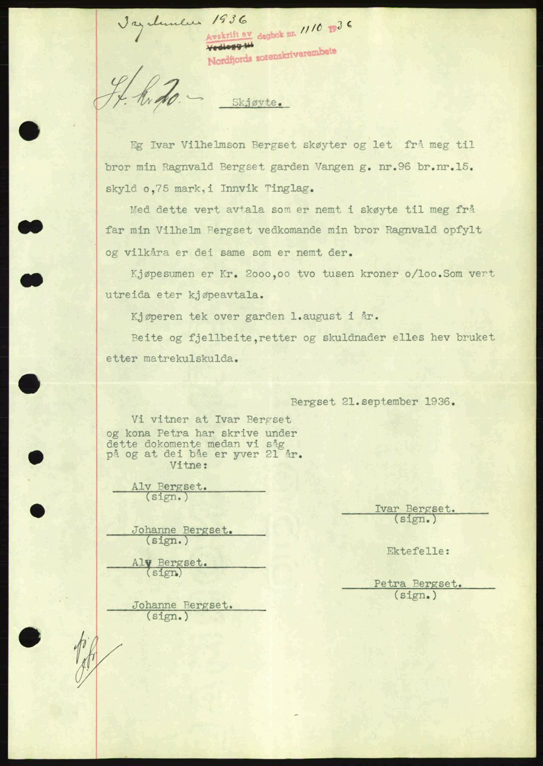 Nordfjord sorenskriveri, AV/SAB-A-2801/02/02b/02bj/L0001: Mortgage book no. A1, 1936-1937, Diary no: : 1110/1936