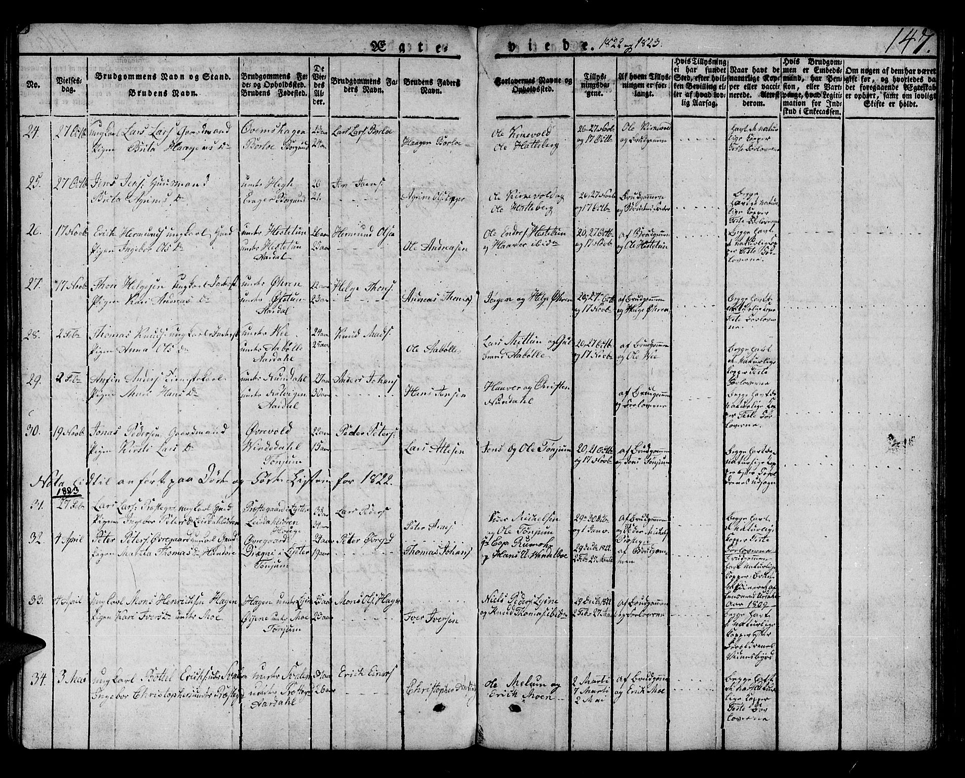 Lærdal sokneprestembete, SAB/A-81201: Parish register (official) no. A 5, 1822-1834, p. 147