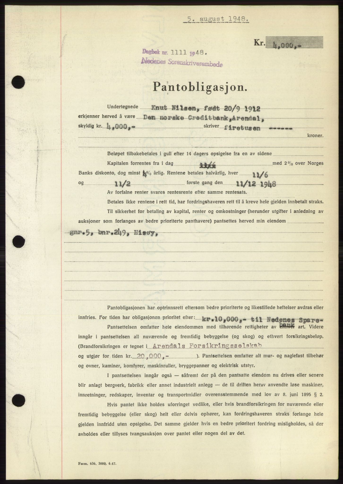 Nedenes sorenskriveri, AV/SAK-1221-0006/G/Gb/Gbb/L0005: Mortgage book no. B5, 1948-1948, Diary no: : 1111/1948