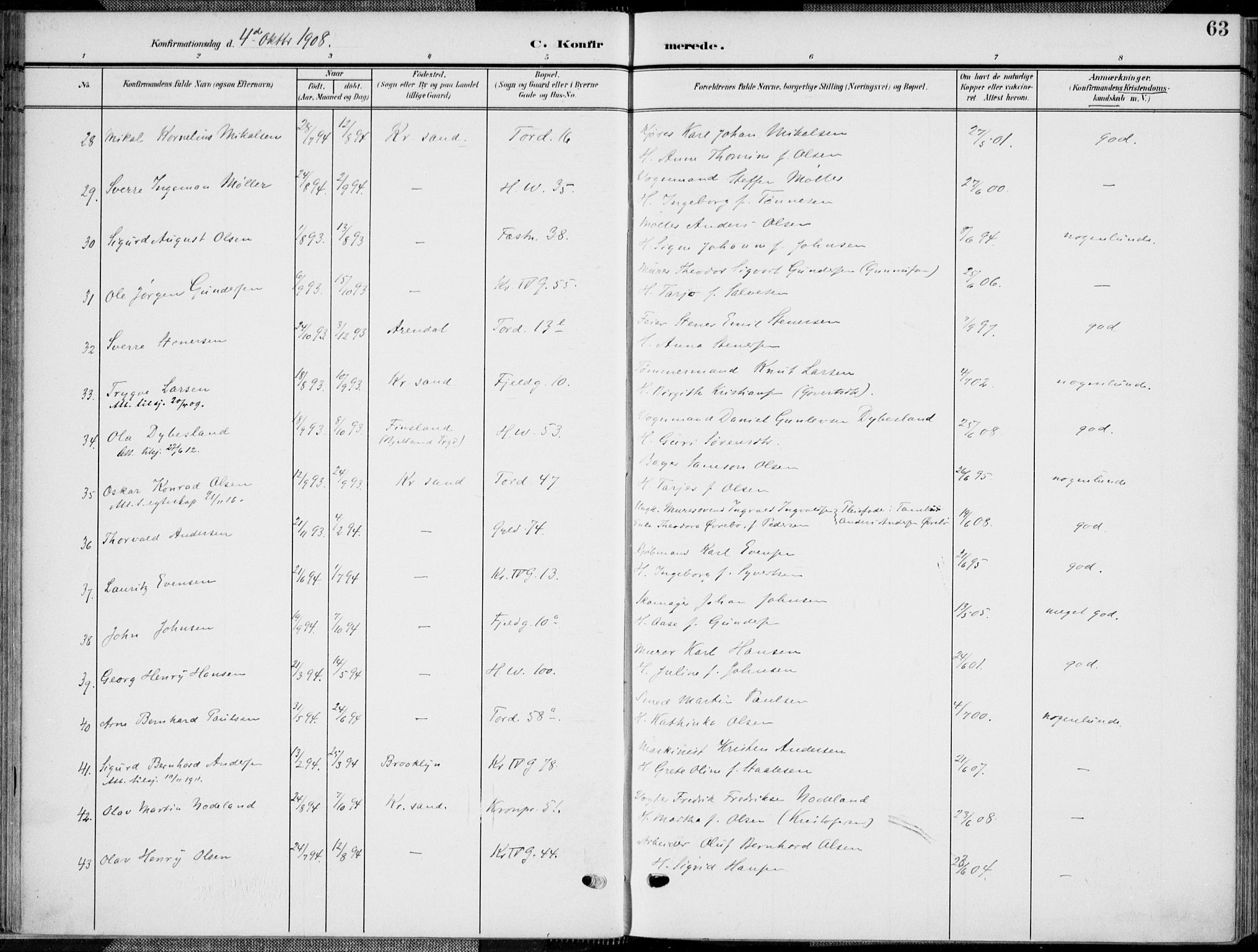 Kristiansand domprosti, AV/SAK-1112-0006/F/Fa/L0022: Parish register (official) no. A 21, 1905-1916, p. 63