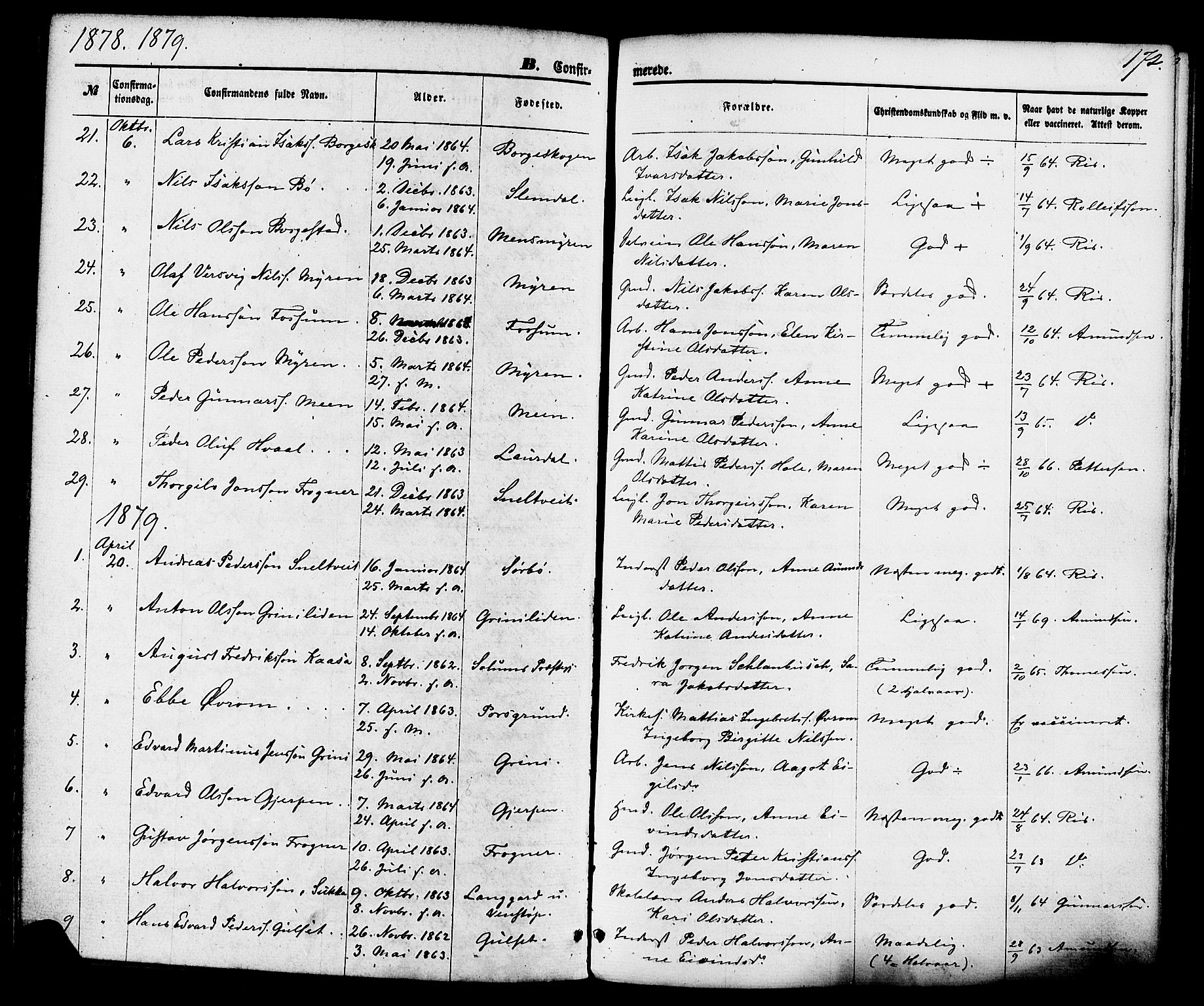Gjerpen kirkebøker, SAKO/A-265/F/Fa/L0009: Parish register (official) no. I 9, 1872-1885, p. 172