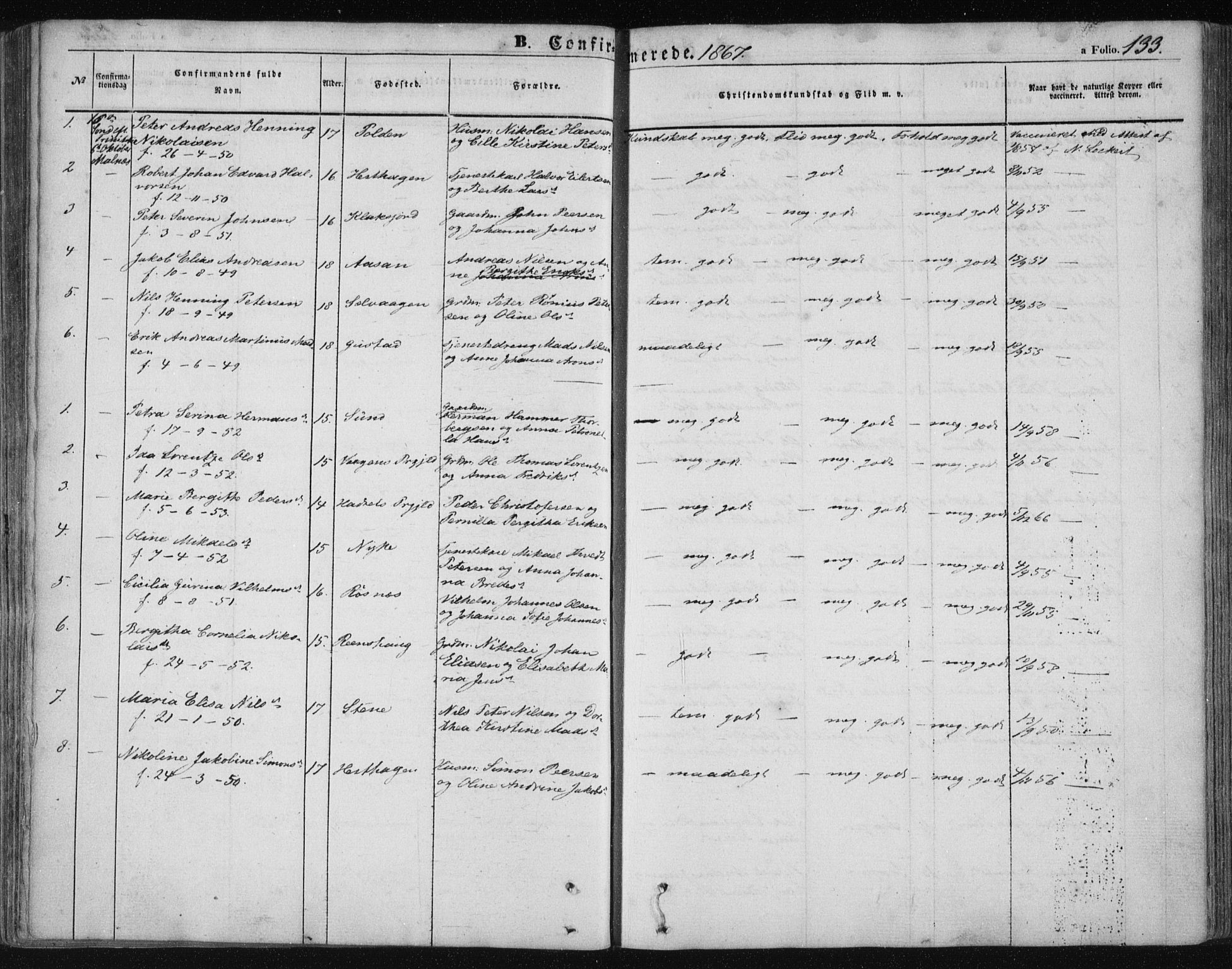 Ministerialprotokoller, klokkerbøker og fødselsregistre - Nordland, AV/SAT-A-1459/891/L1300: Parish register (official) no. 891A05, 1856-1870, p. 133